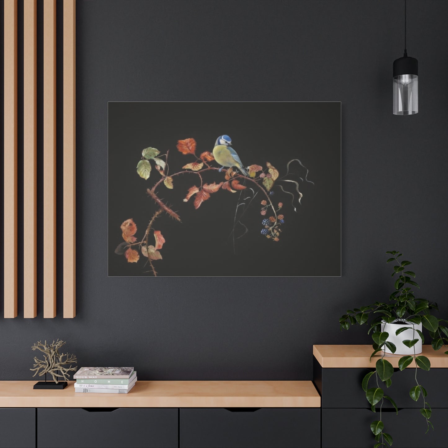Canvas Wall Art - Blue Tit on Autumn Branch, Stretched Matte Canvas