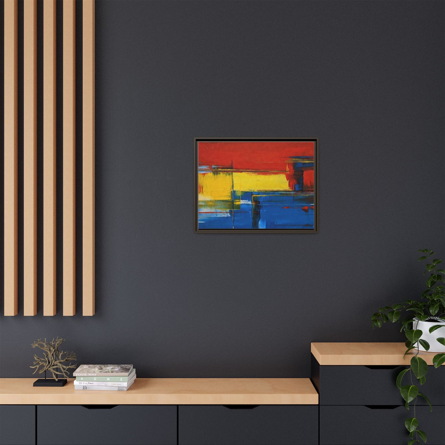 Abstract Color Block Matte Canvas Framed Wall Art — Modern Red Yellow Blue Painting