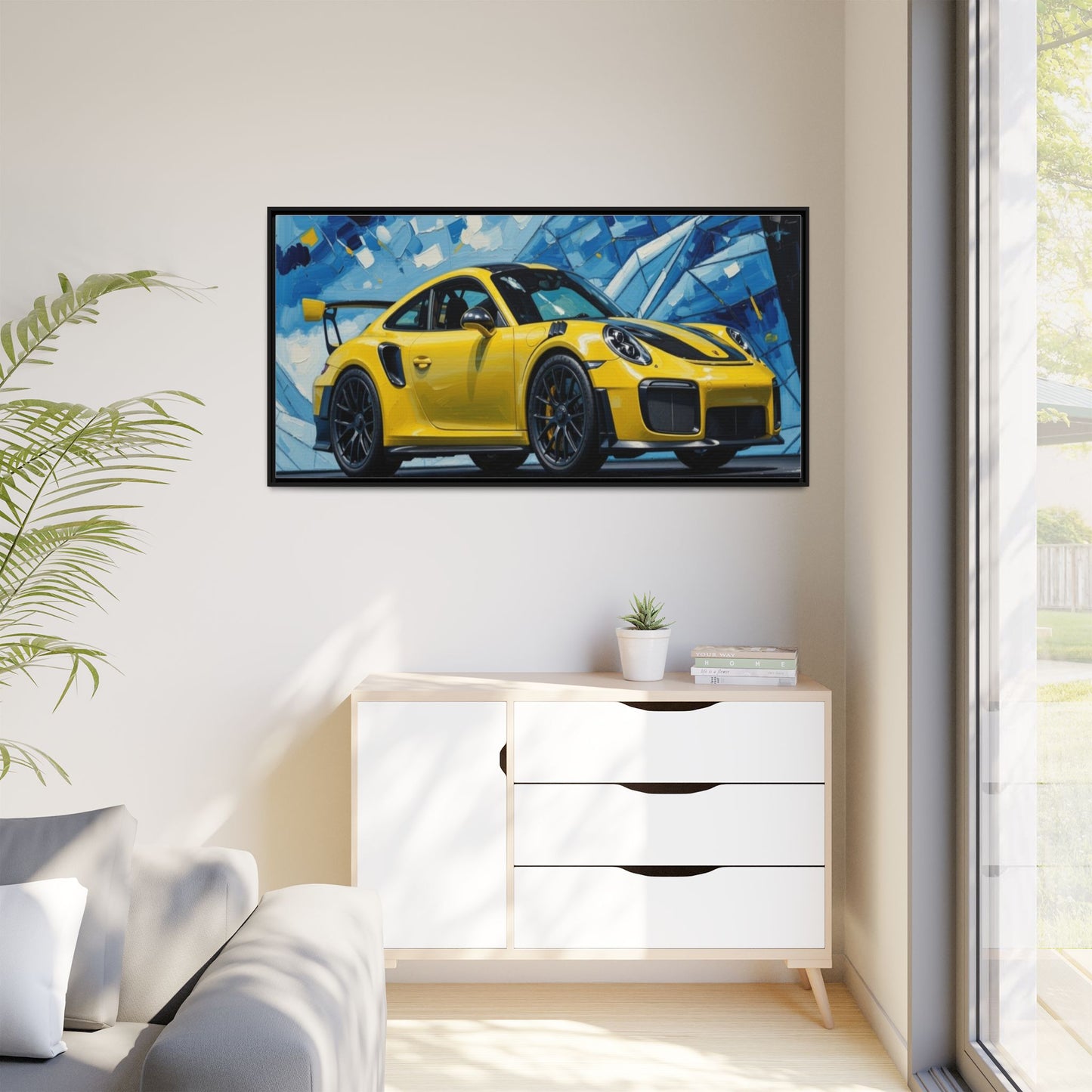 Yellow Porsche Sports Car Matte Framed Canvas – Modern Automotive Wall Art
