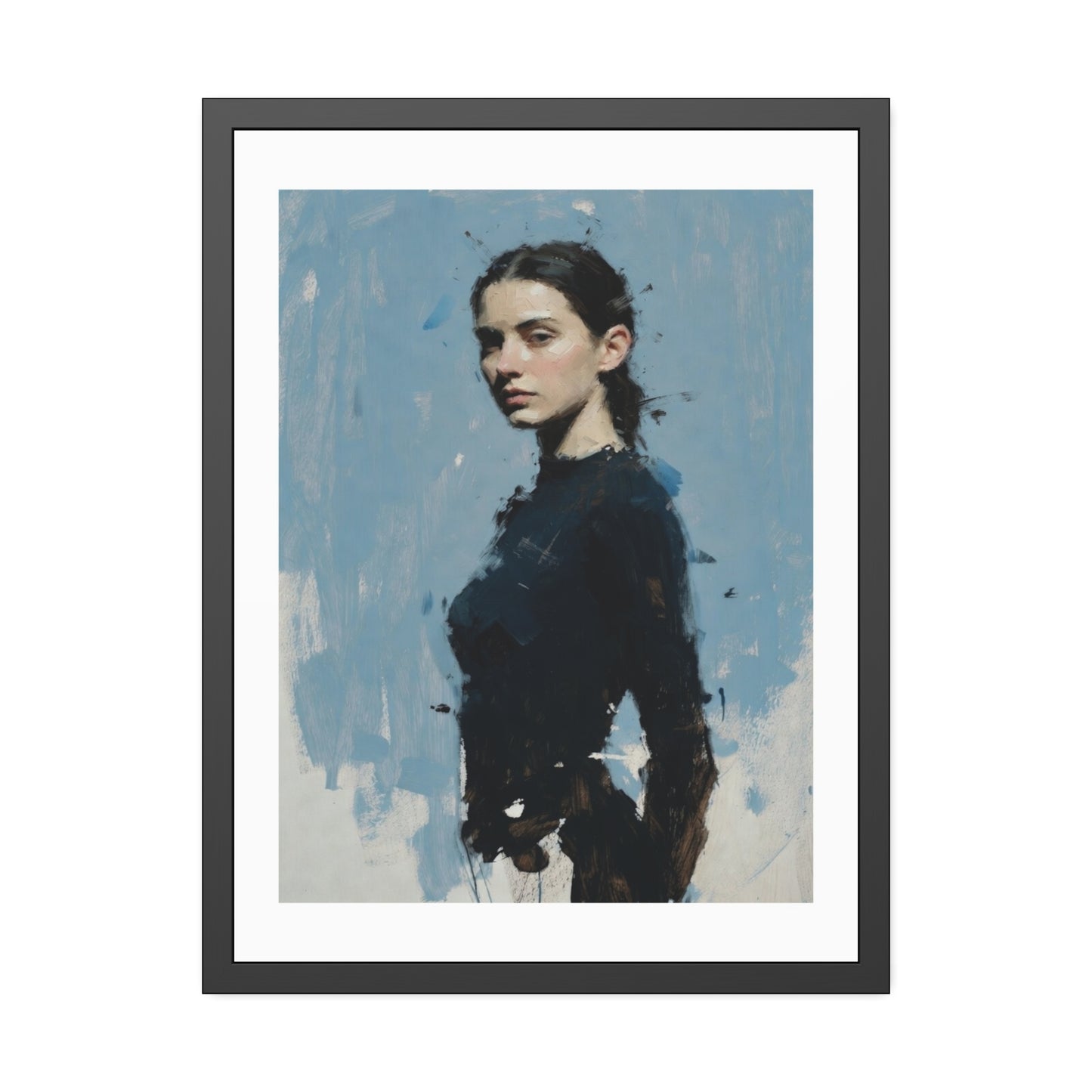 Framed Art Print — Moody Portrait with Blue Painterly Background