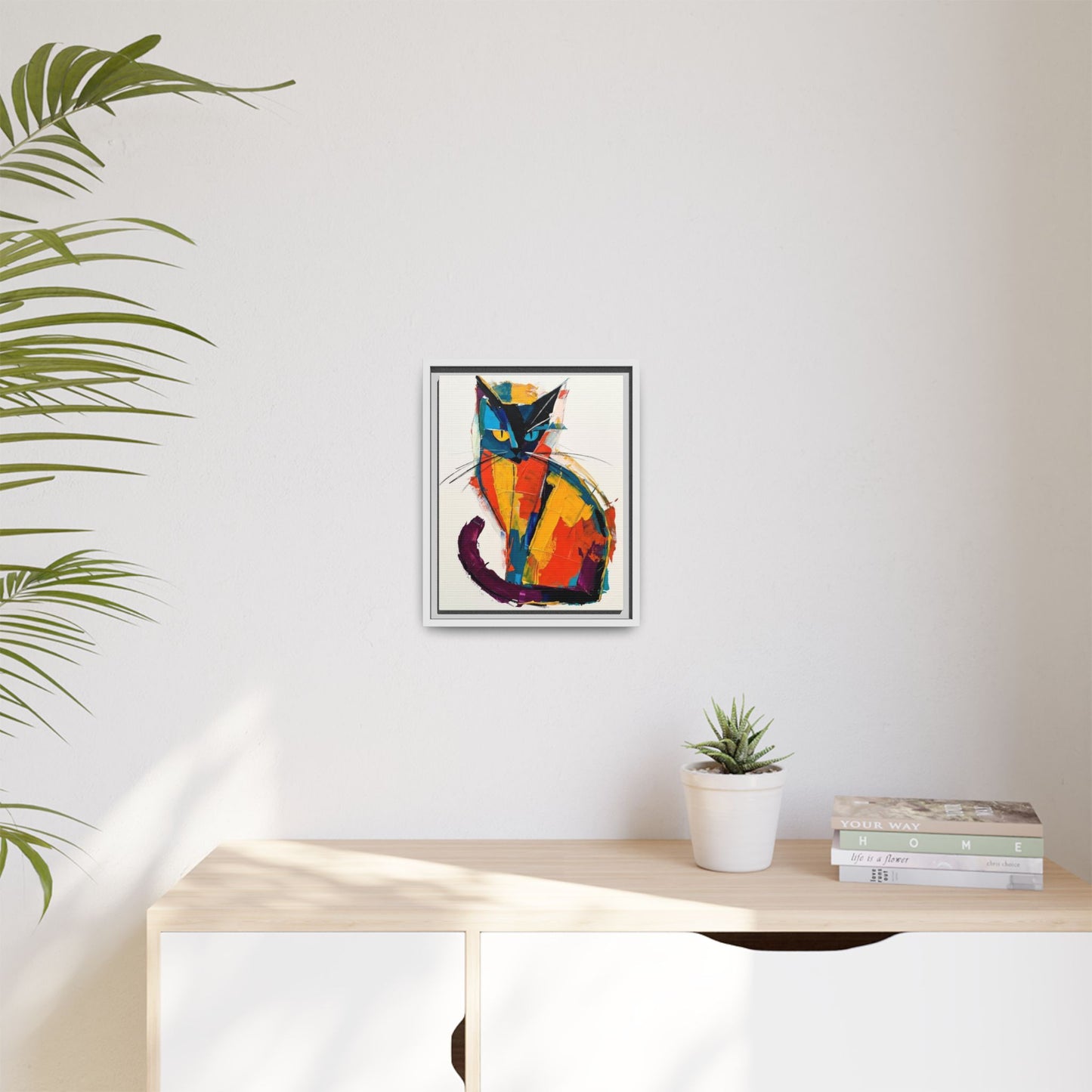 Colorful Abstract Cat Framed Canvas — Modern Matte Wall Art