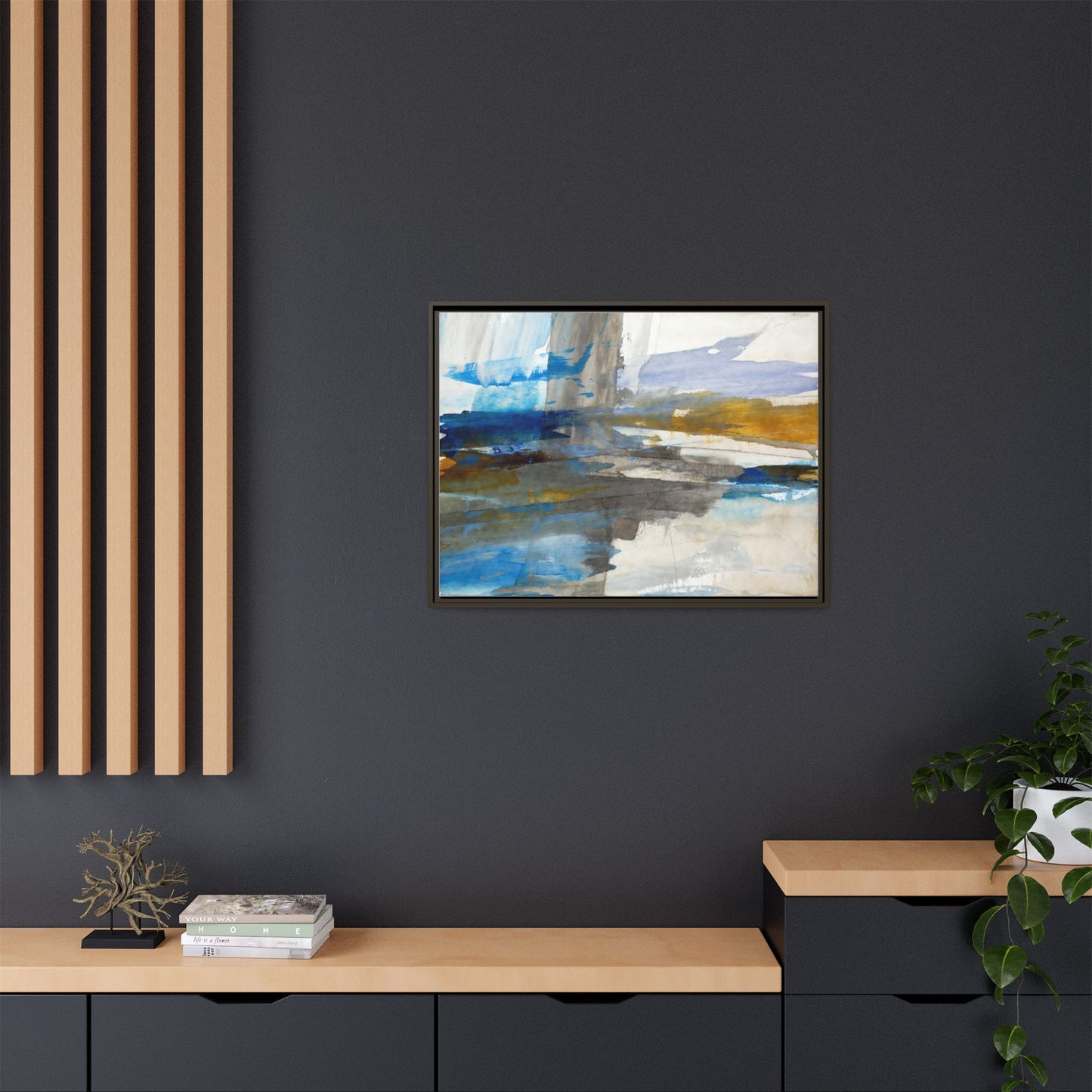 Abstract Blue & Gold Framed Canvas Art — Matte Multi-Color Wall Print