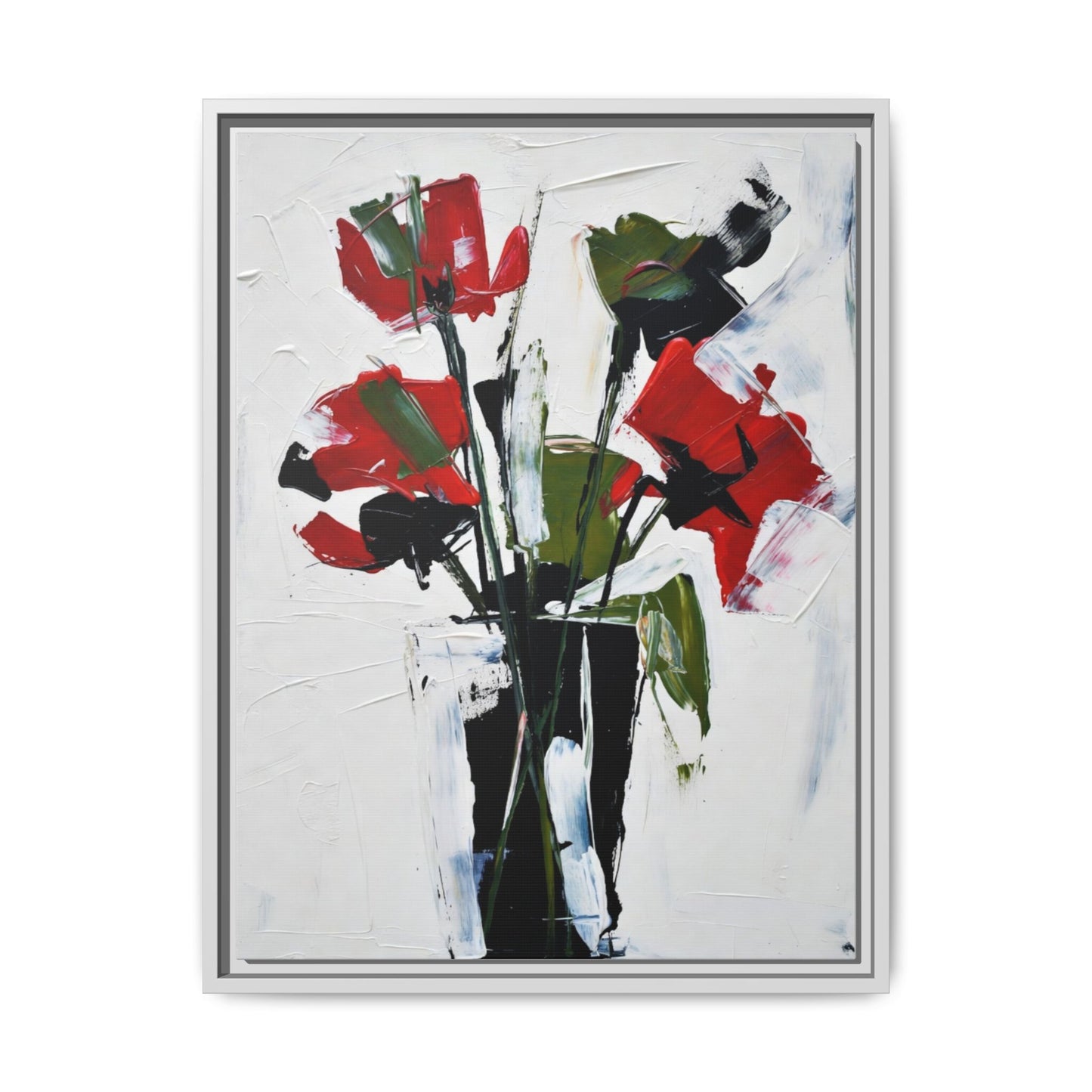 Framed Abstract Floral Canvas Print — Red Poppies in Black Vase
