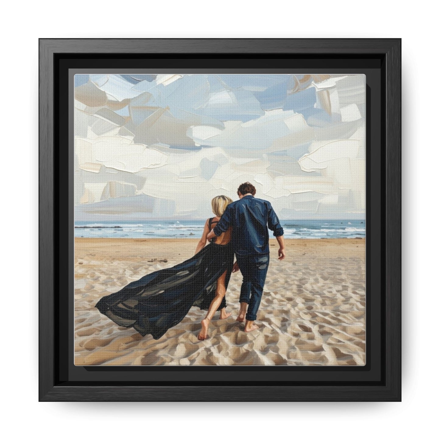 Framed Canvas Wall Art — Romantic Couple Walking on Beach Print