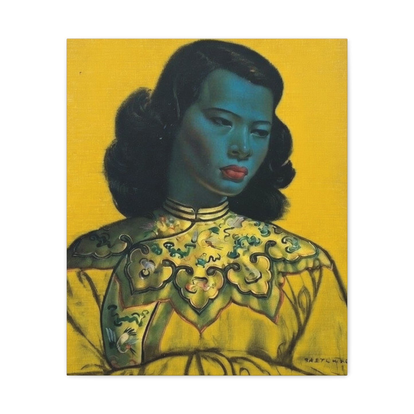 Vintage Portrait Canvas Print — Mid-Century Asian Woman Art on Yellow Background