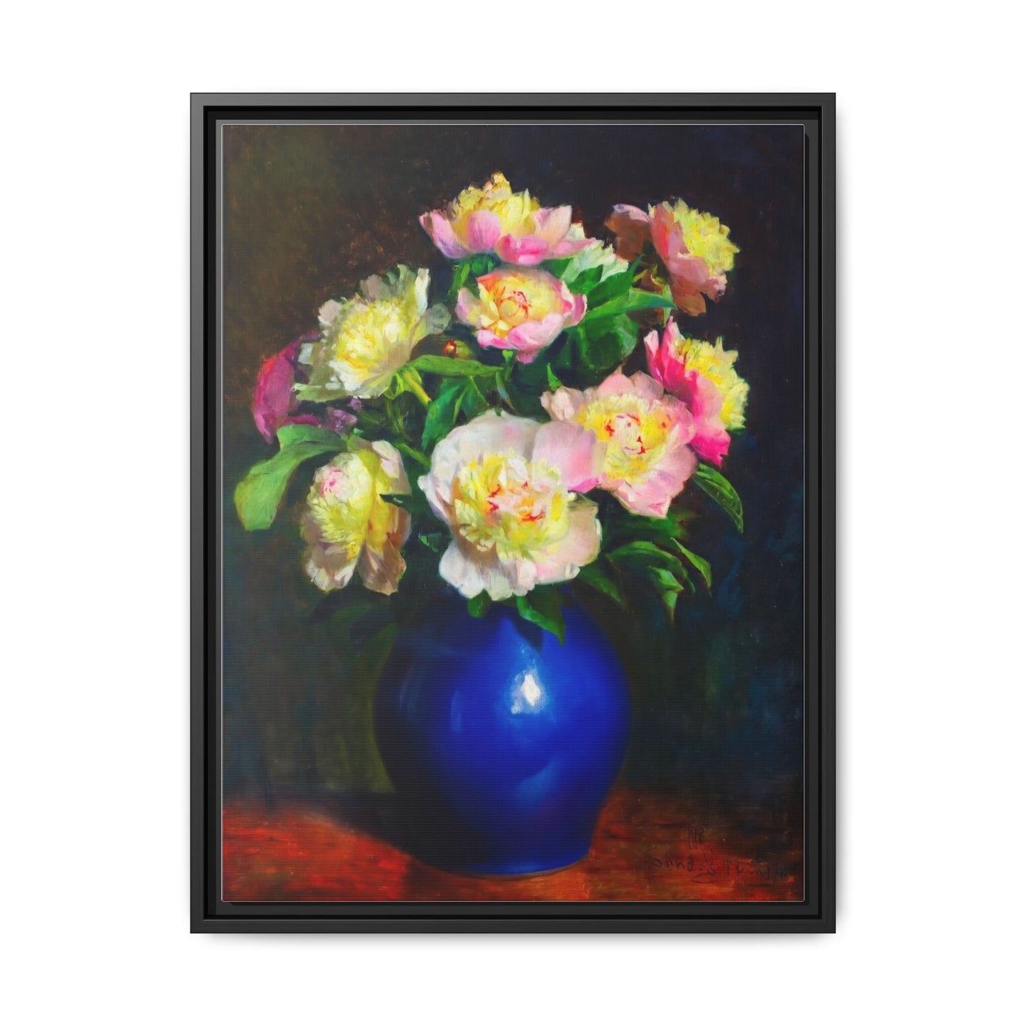 Framed Matte Canvas Wall Art — Vintage Floral Bouquet in Blue Vase
