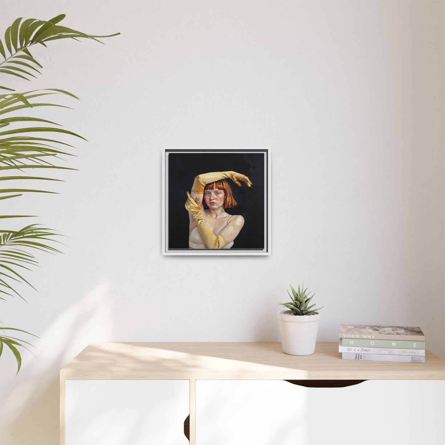 Framed Matte Canvas Art – Portrait of Woman in Yellow Gloves
