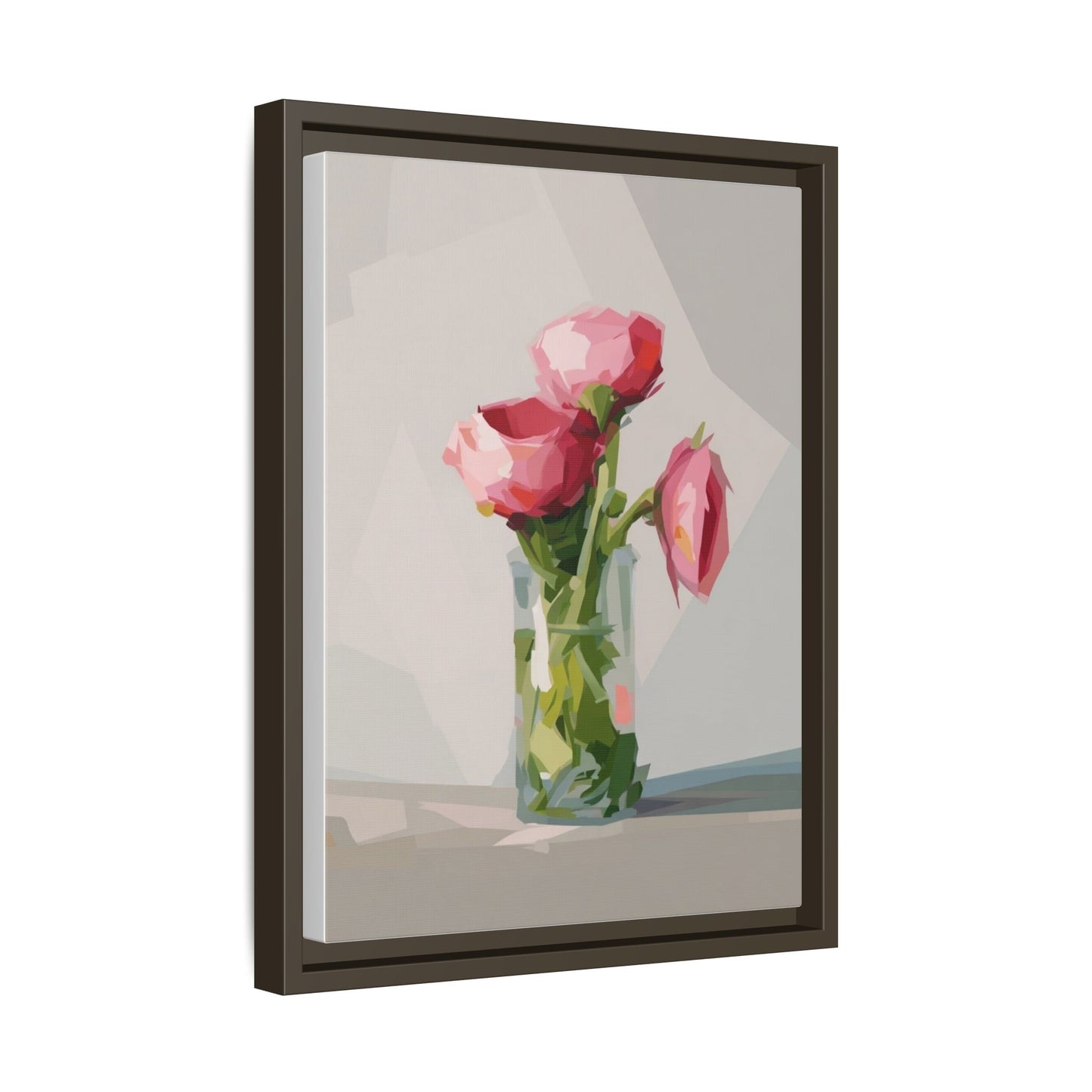 Framed Canvas Art — Pink Roses in Vase, Modern Floral Wall Print
