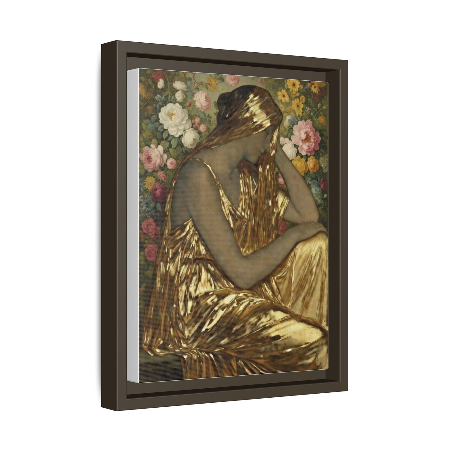 Framed Canvas Art Print — Golden Muse Woman with Floral Background