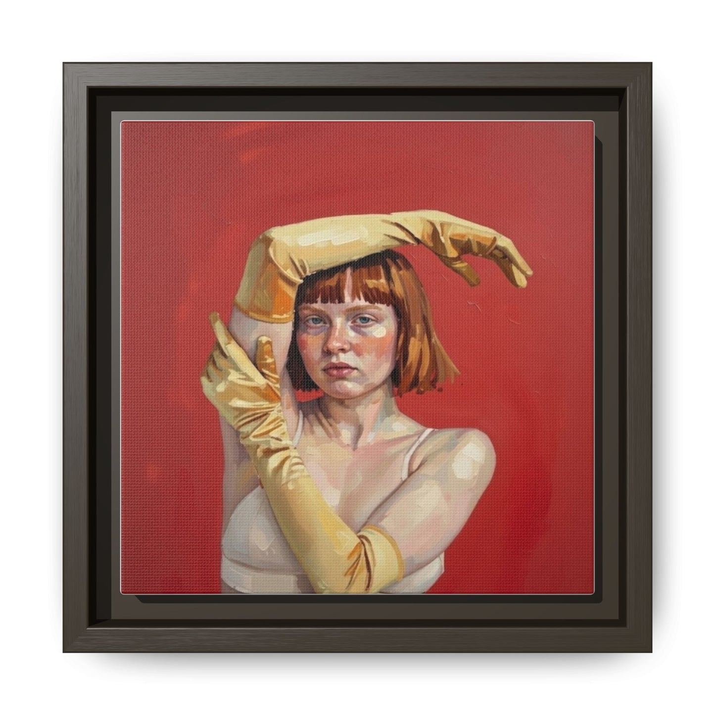 Framed Matte Canvas Art - Portrait of Woman in Yellow Gloves (Red Background)
