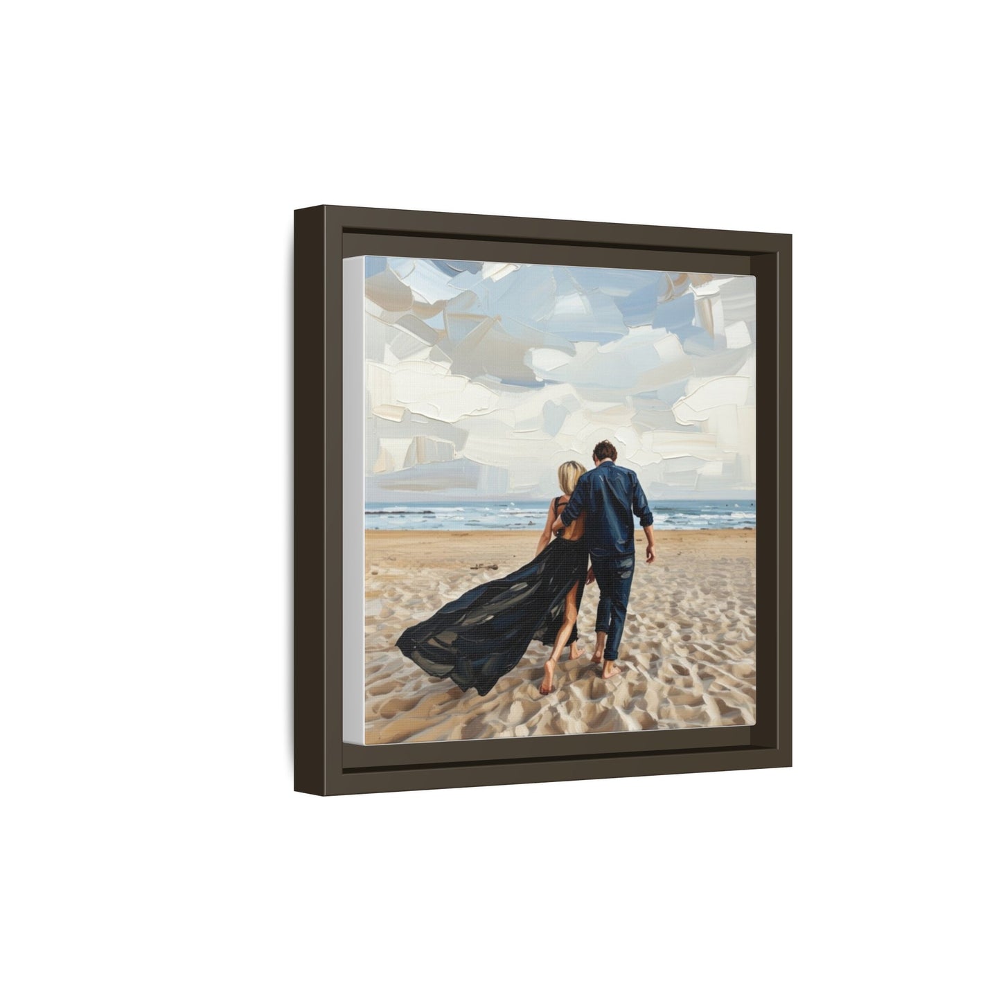 Framed Canvas Wall Art — Romantic Couple Walking on Beach Print