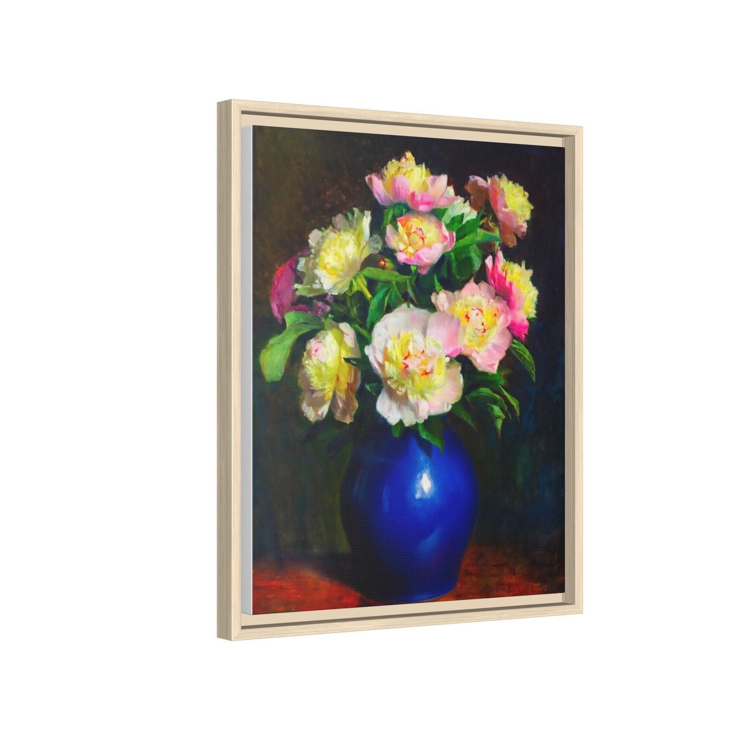 Framed Matte Canvas Wall Art — Vintage Floral Bouquet in Blue Vase