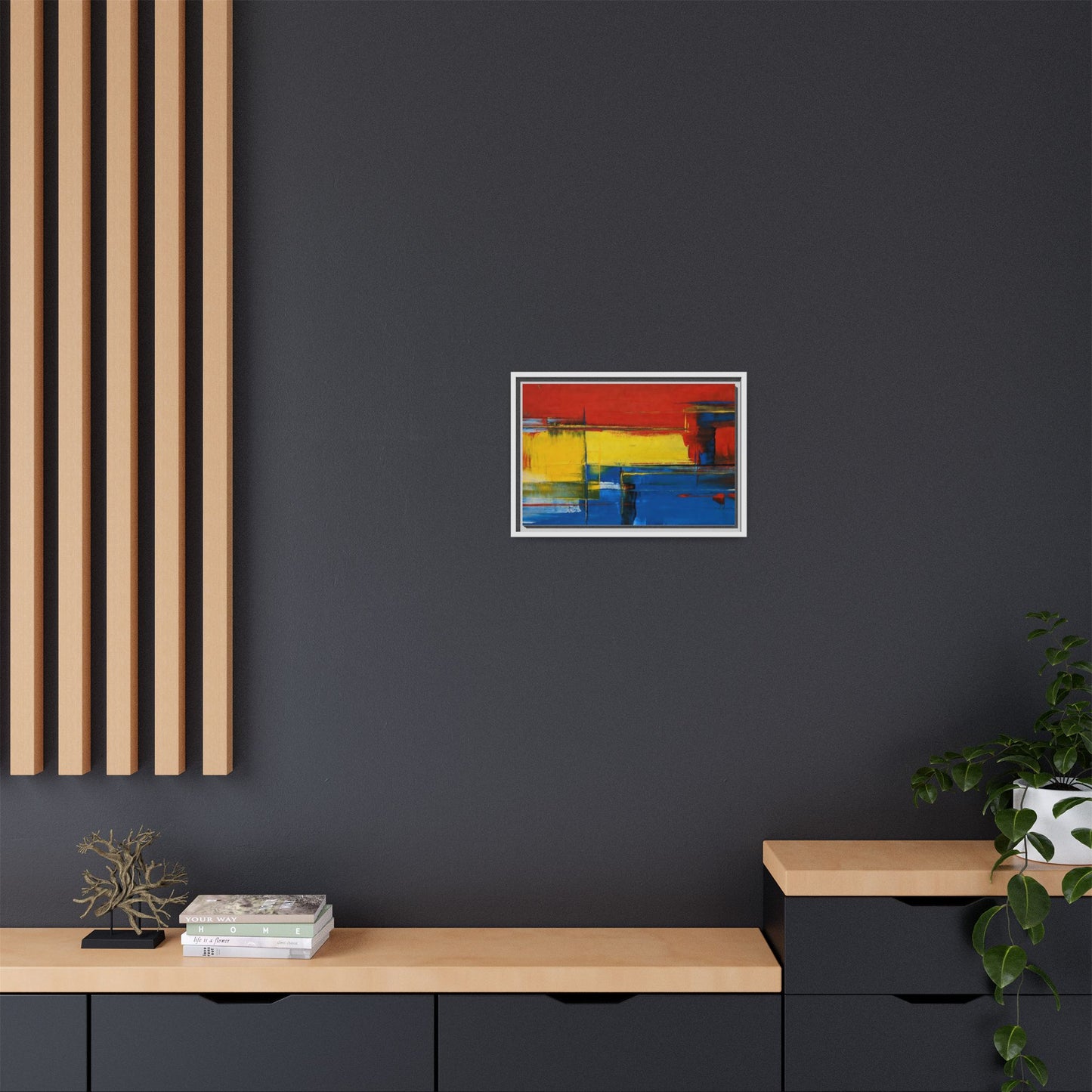 Abstract Color Block Matte Canvas Framed Wall Art — Modern Red Yellow Blue Painting