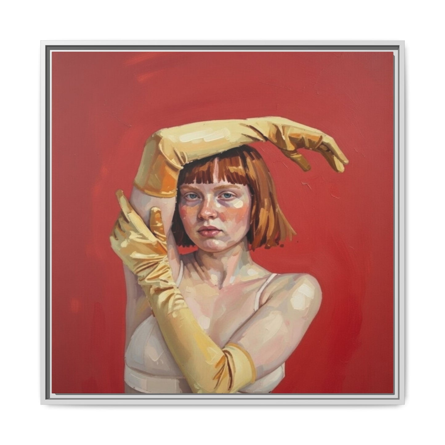 Framed Matte Canvas Art - Portrait of Woman in Yellow Gloves (Red Background)