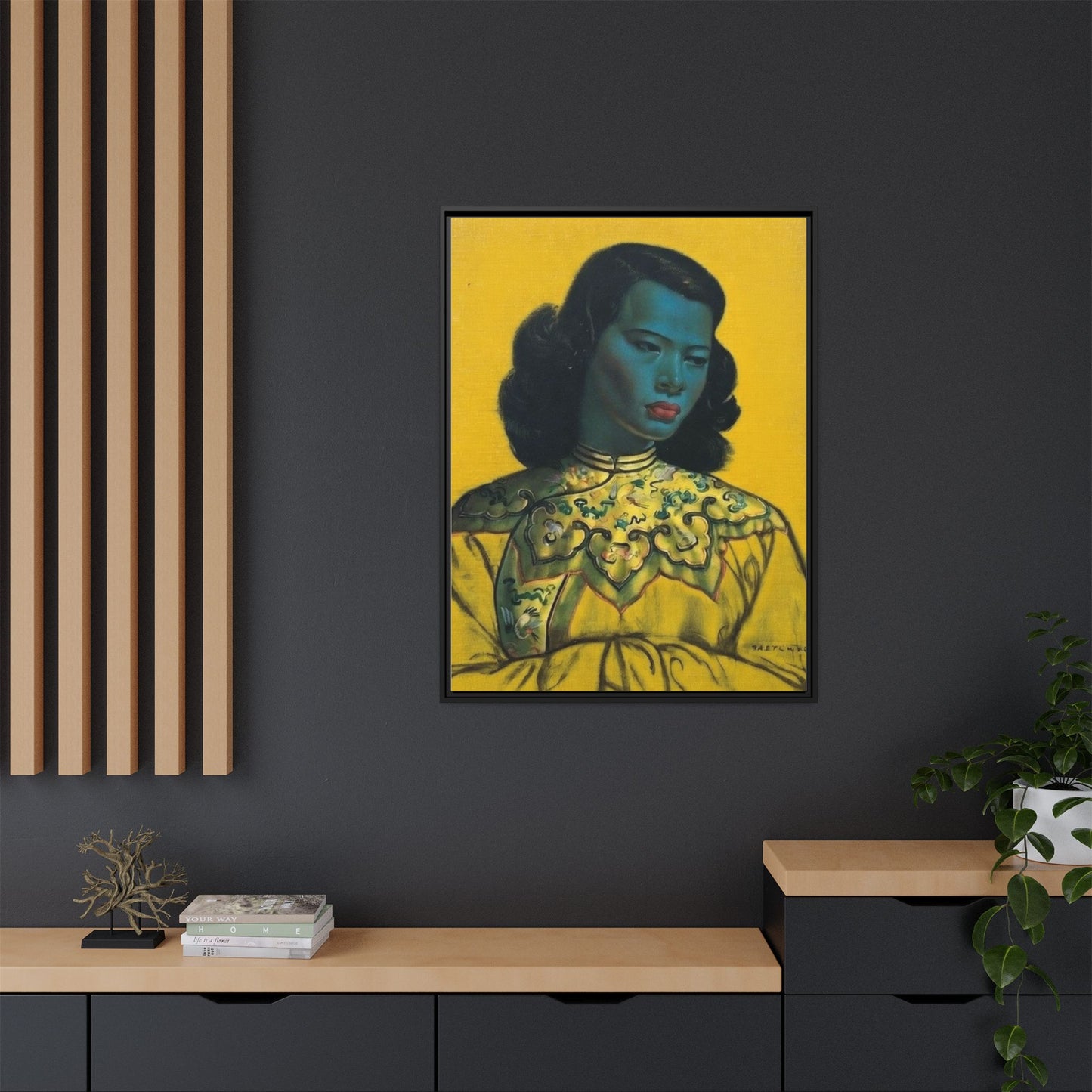 Framed Matte Canvas Art Print — Vintage Portrait with Yellow Background