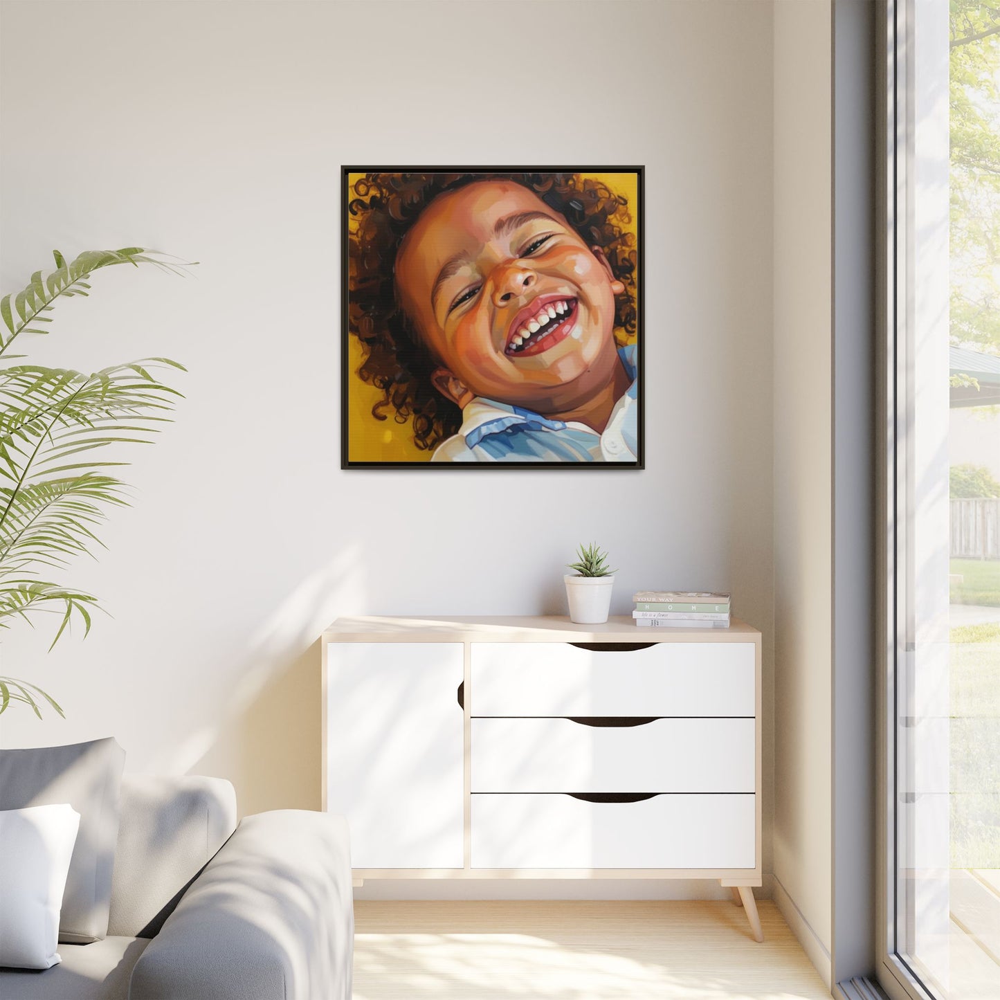 Framed Matte Canvas Print – Joyful Child Portrait, Colorful Nursery Wall Art