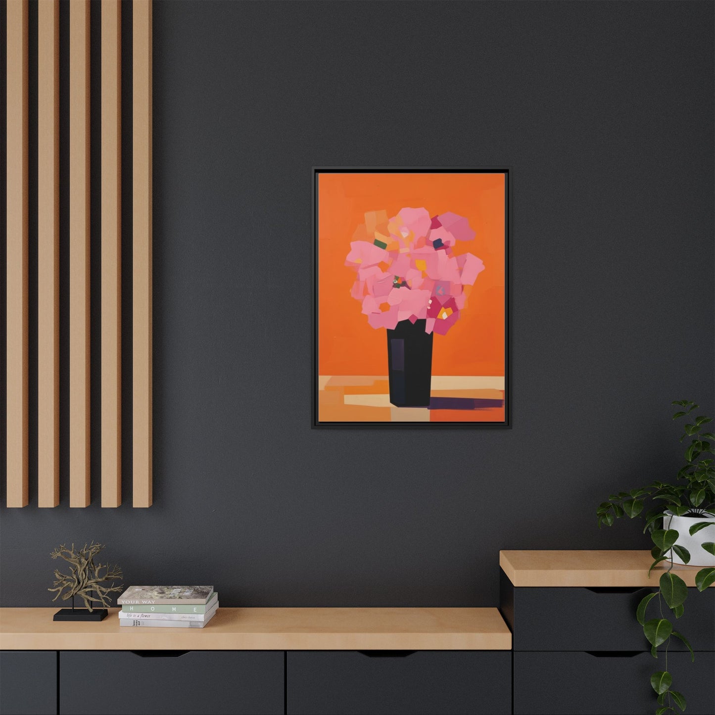 Framed Floral Canvas Art — Pink Bouquet on Orange Background