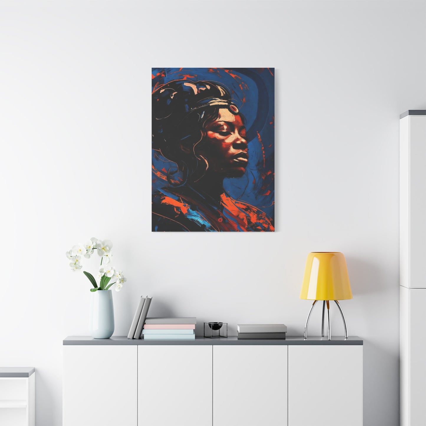 Regal Afrocentric Portrait Matte Canvas Art – Vibrant Blue & Orange Stretched Wall Decor