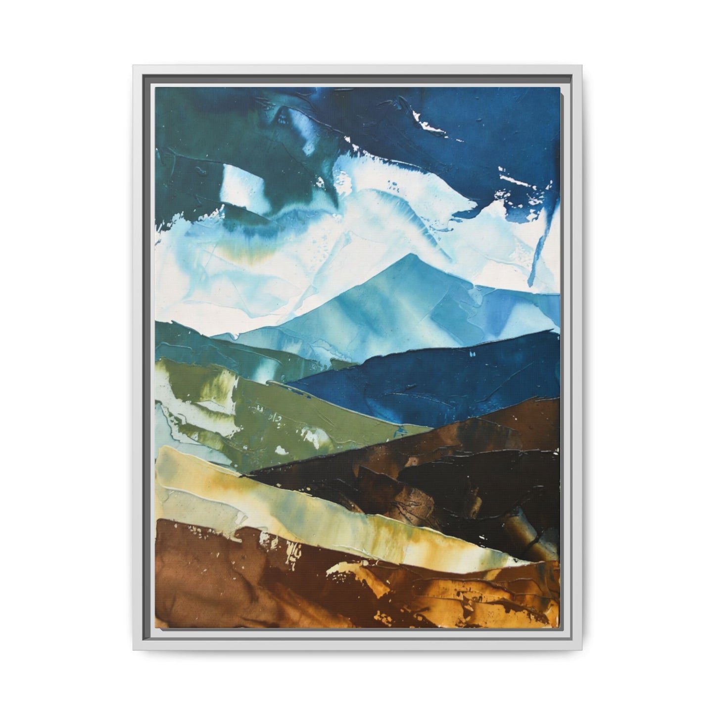 Framed Abstract Mountain Canvas Art — Blue & Earthtone Landscape Print