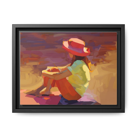 Framed Matte Canvas — Colorful Seated Girl Beach Art