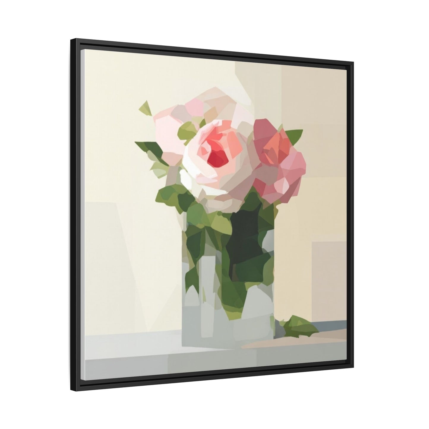 Framed Floral Canvas Print — Geometric Pink Rose Wall Art