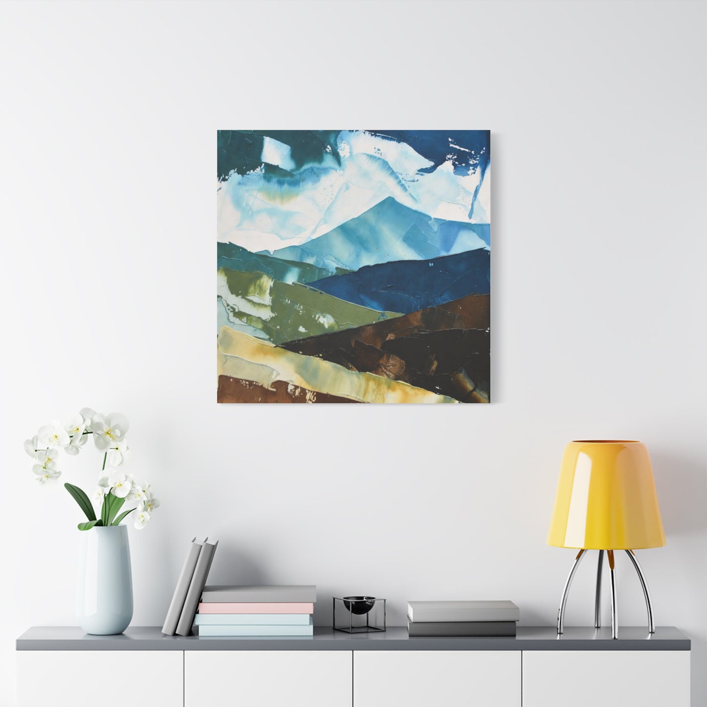 Abstract Mountain Landscape Matte Canvas Wall Art — Blue & Earth Tone Stretched Canvas
