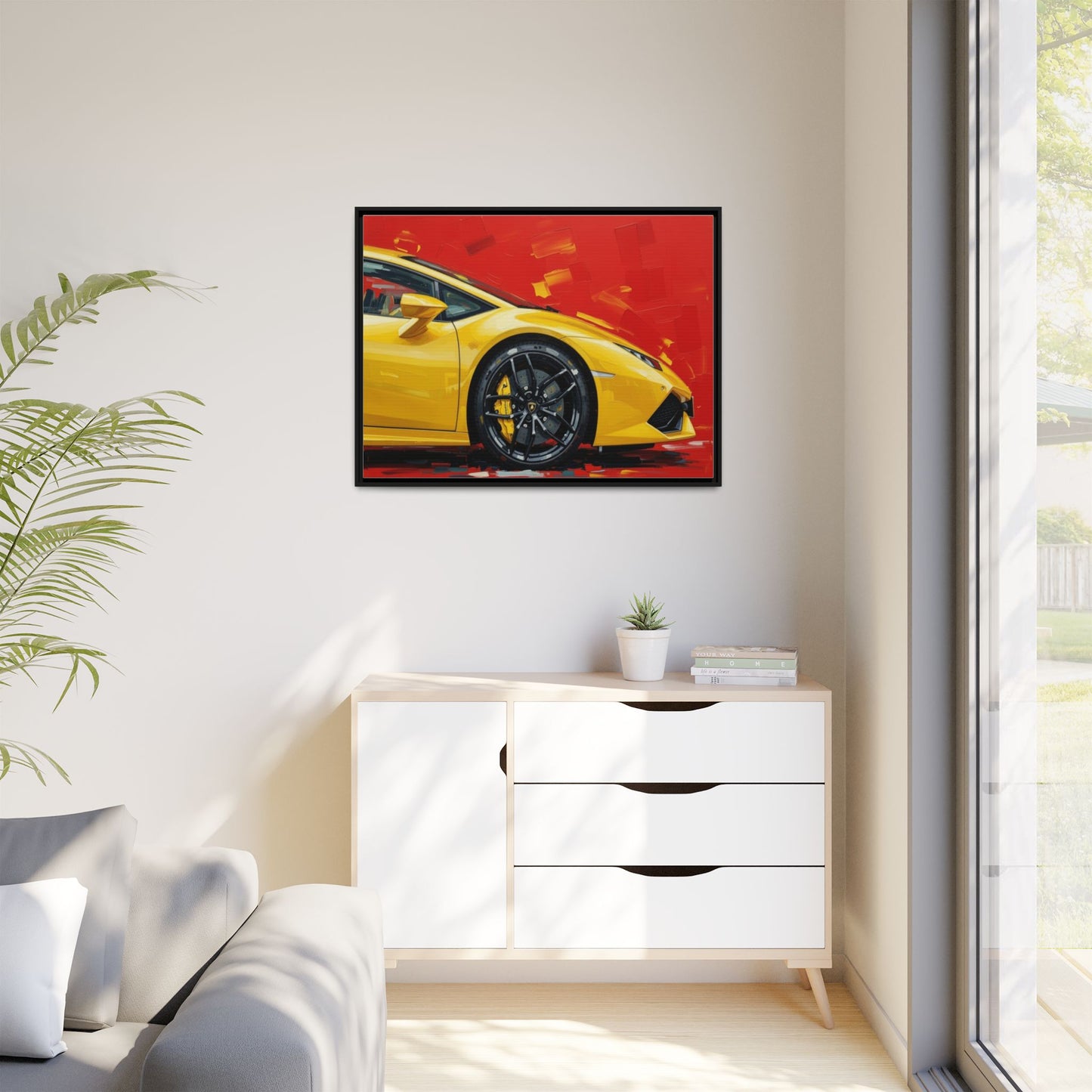 Yellow Sports Car Matte Canvas Print — Framed Automotive Wall Art