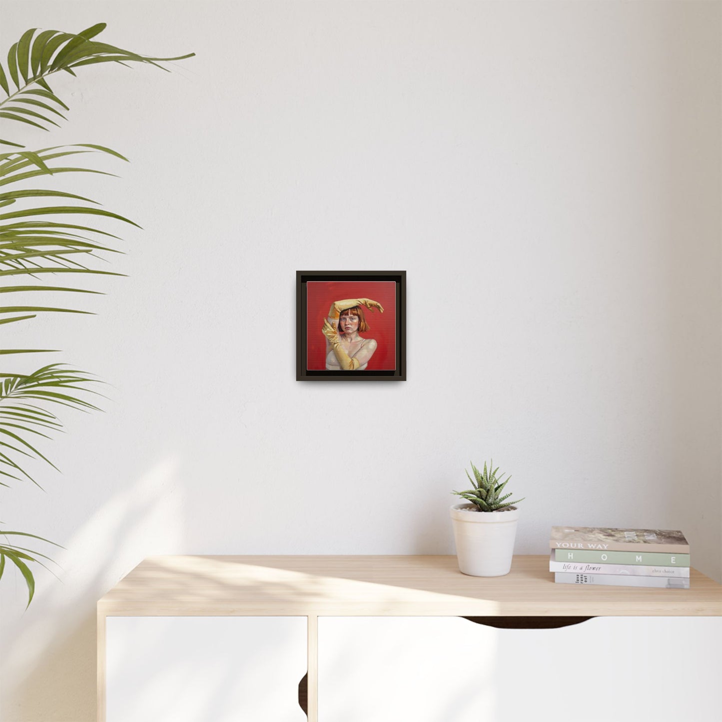 Framed Matte Canvas Art - Portrait of Woman in Yellow Gloves (Red Background)