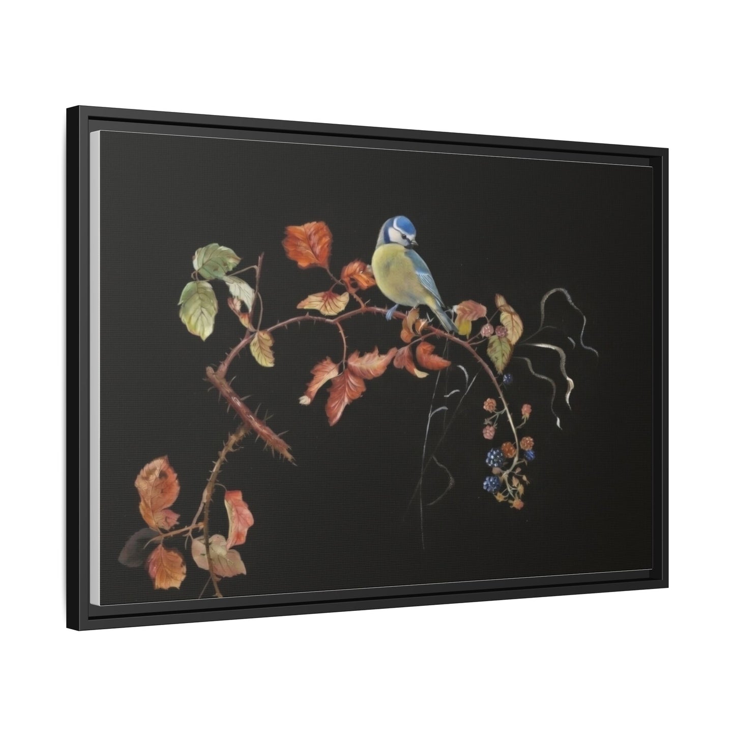 Framed Matte Canvas - Blue Tit on Autumn Branch Wall Art