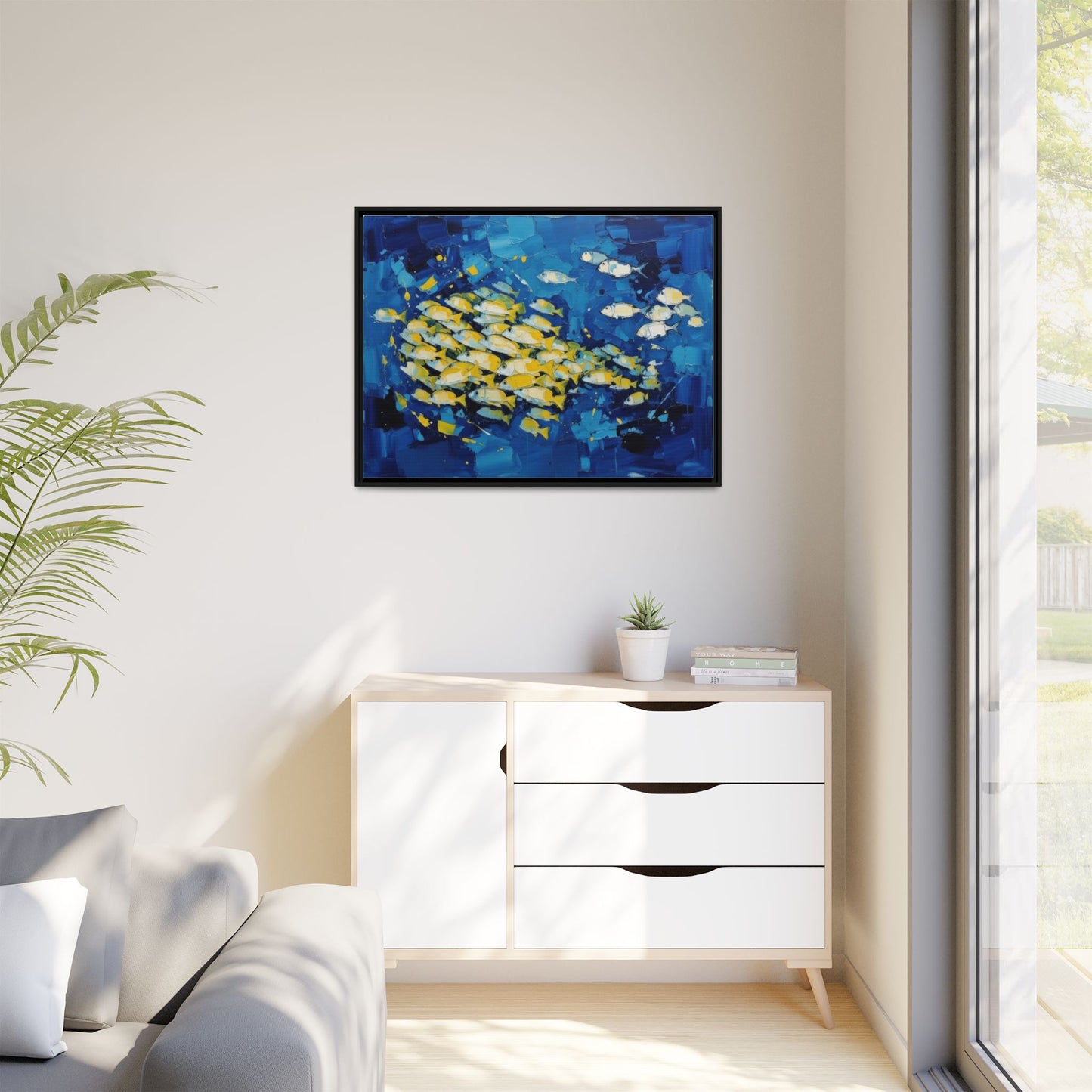 Framed Matte Canvas: Blue School of Fish Wall Art