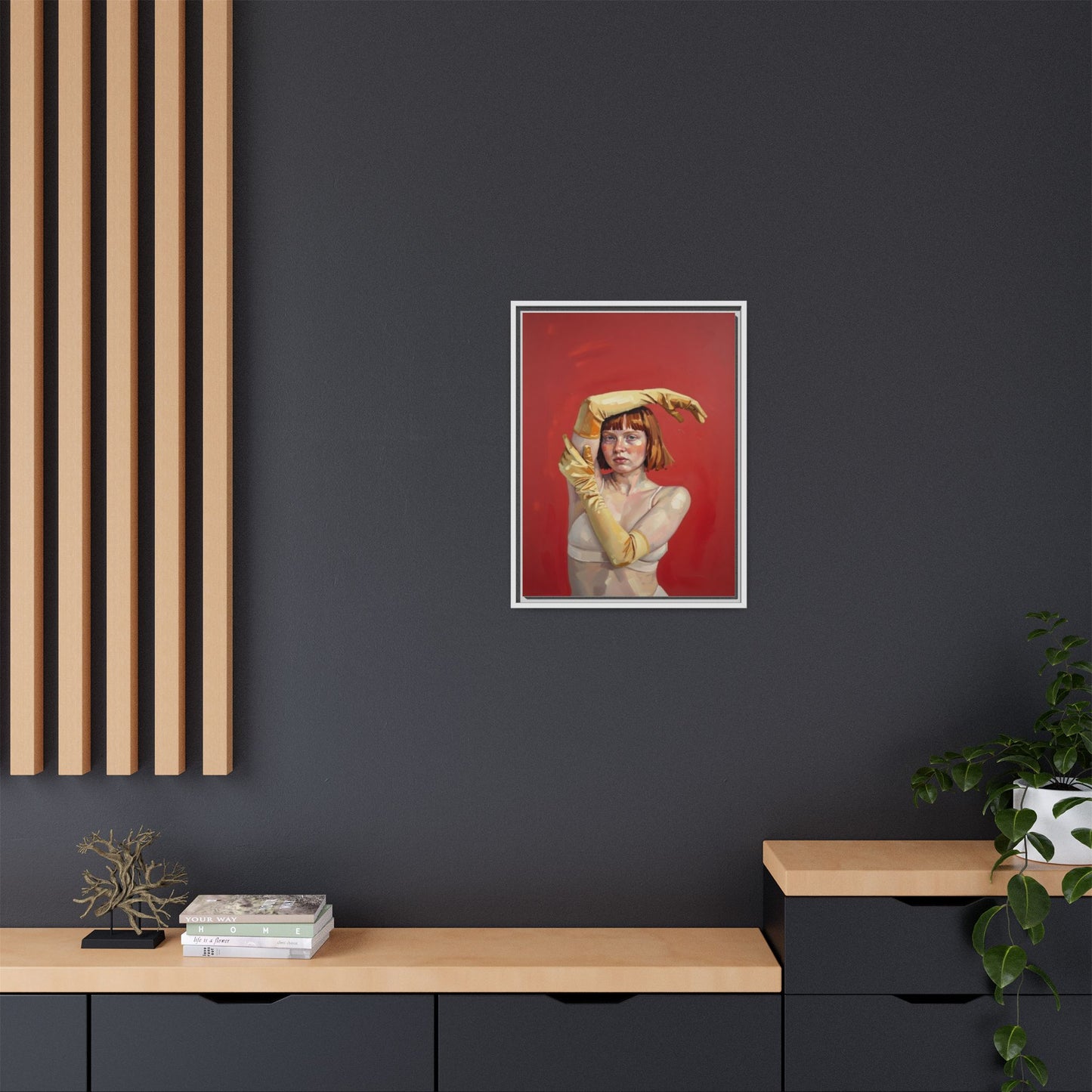 Framed Matte Canvas Art - Portrait of Woman in Yellow Gloves (Red Background)