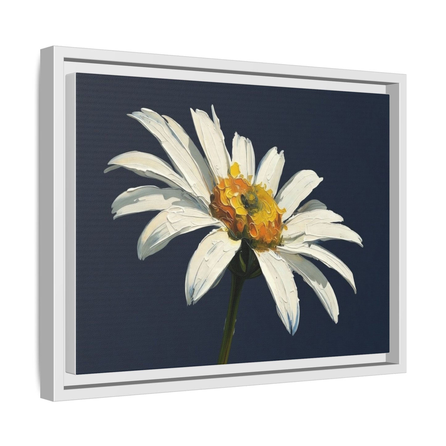 Framed Matte Canvas Daisy Wall Art — White Floral Painting on Navy
