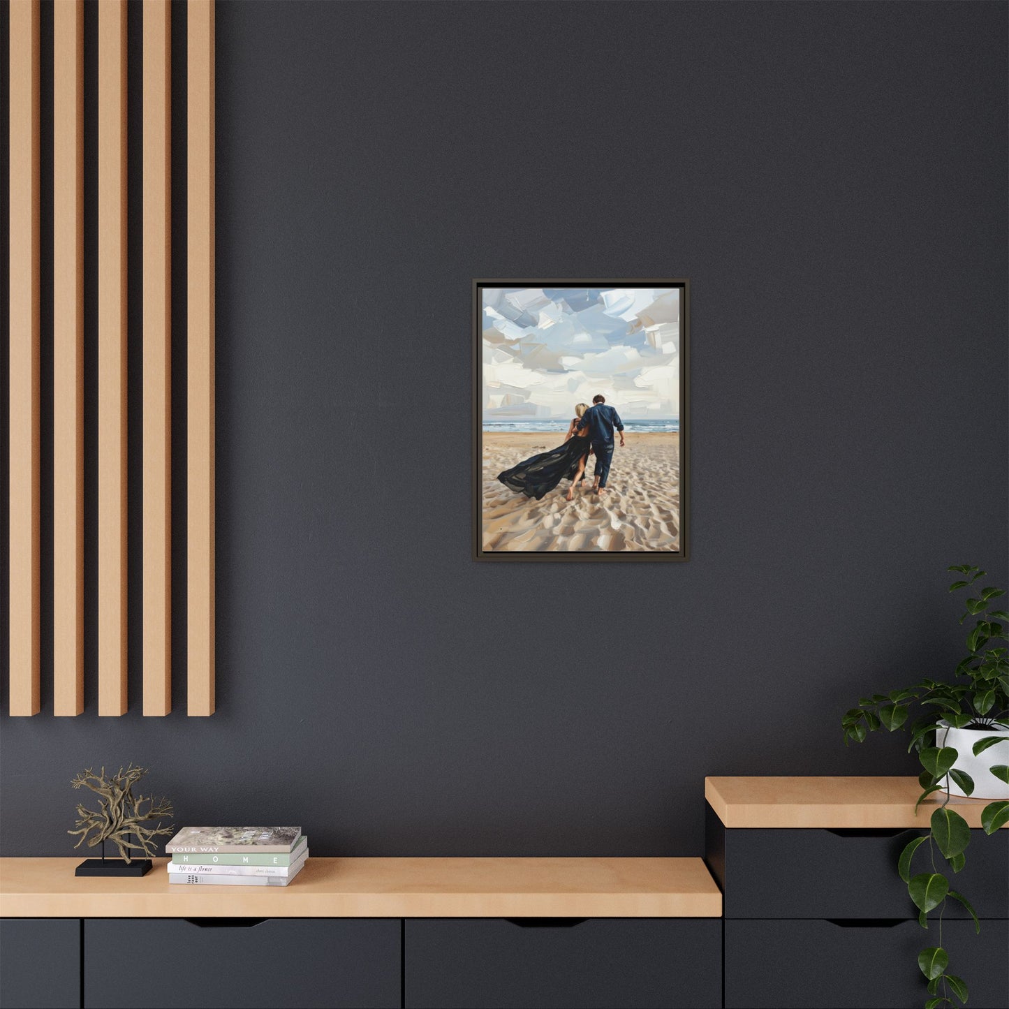 Framed Canvas Wall Art — Romantic Couple Walking on Beach Print
