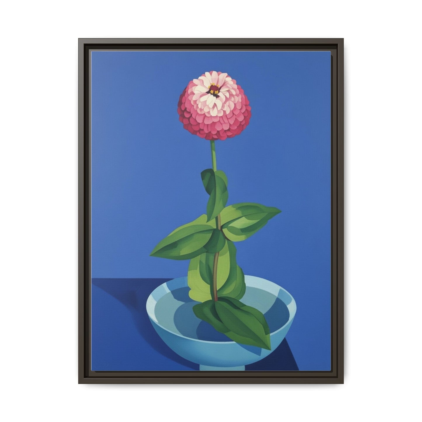 Framed Matte Canvas Art — Pink Zinnia in Blue Bowl (Botanical Still Life)