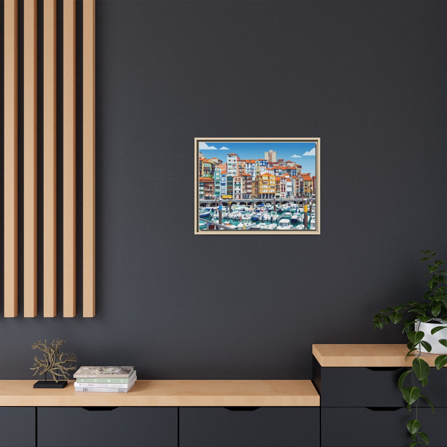 Framed Matte Canvas Print — Colorful Mediterranean Harbor Illustration