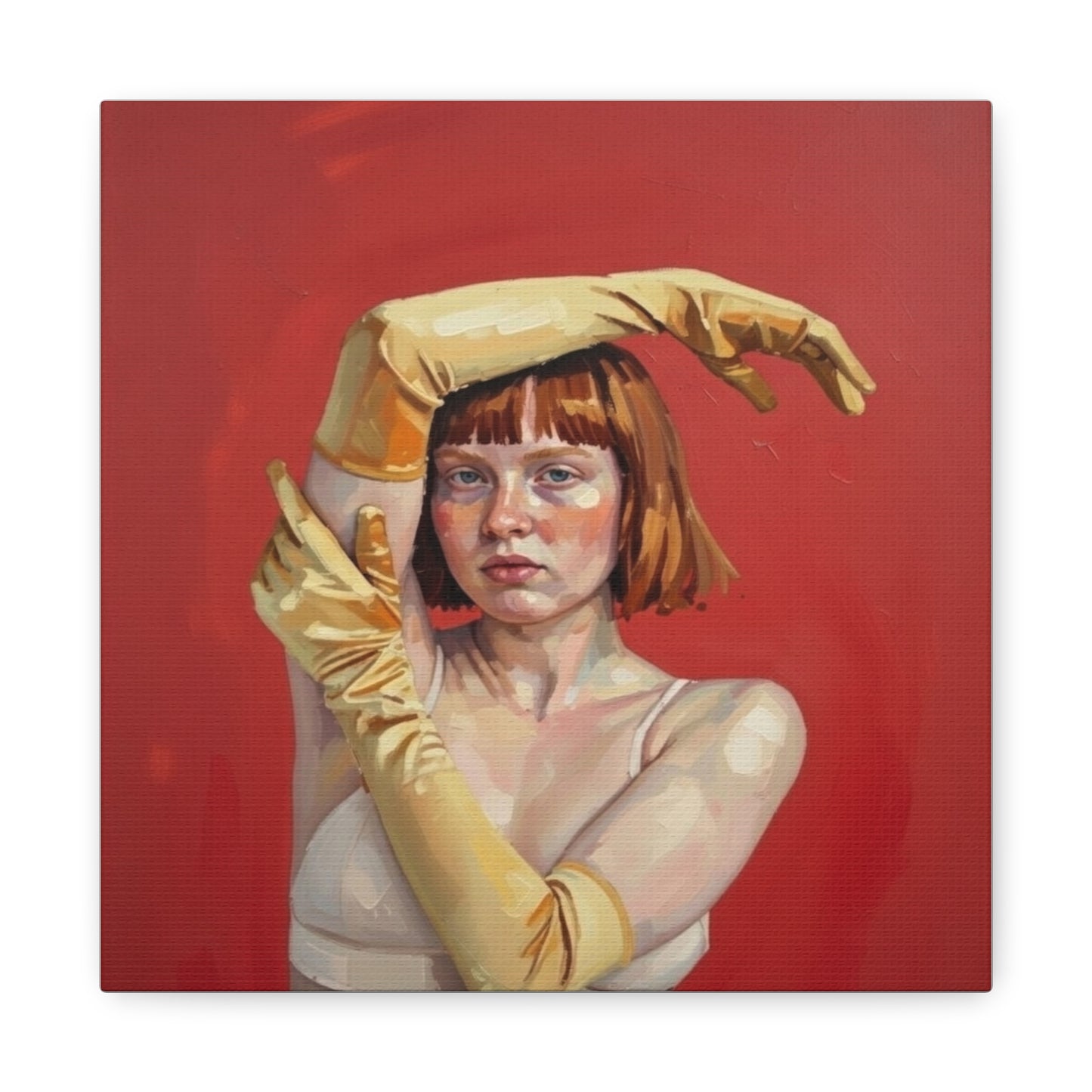 Figurative Portrait Canvas — Woman with Yellow Gloves on Red Background