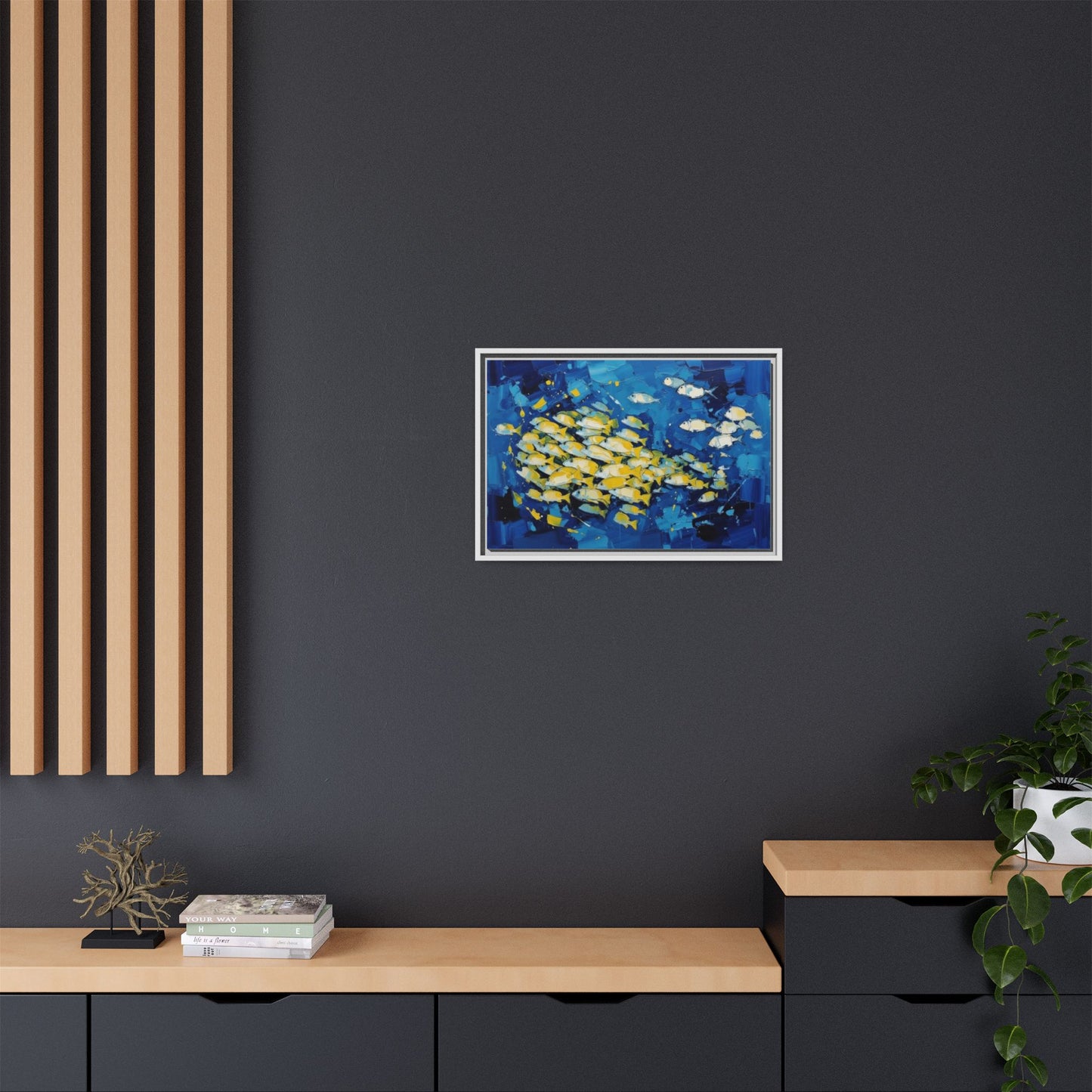 Framed Matte Canvas: Blue School of Fish Wall Art