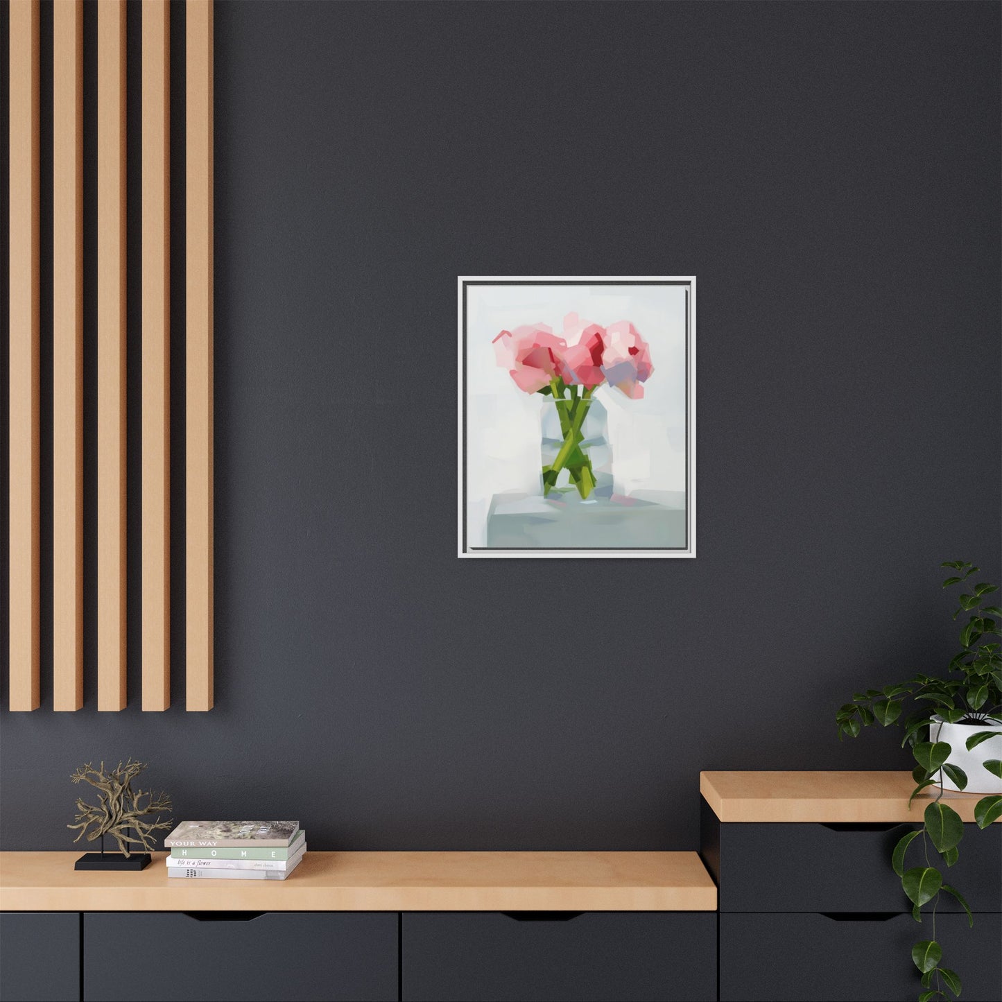 Framed Floral Canvas Art — Pink Peonies in Vase (Matte)