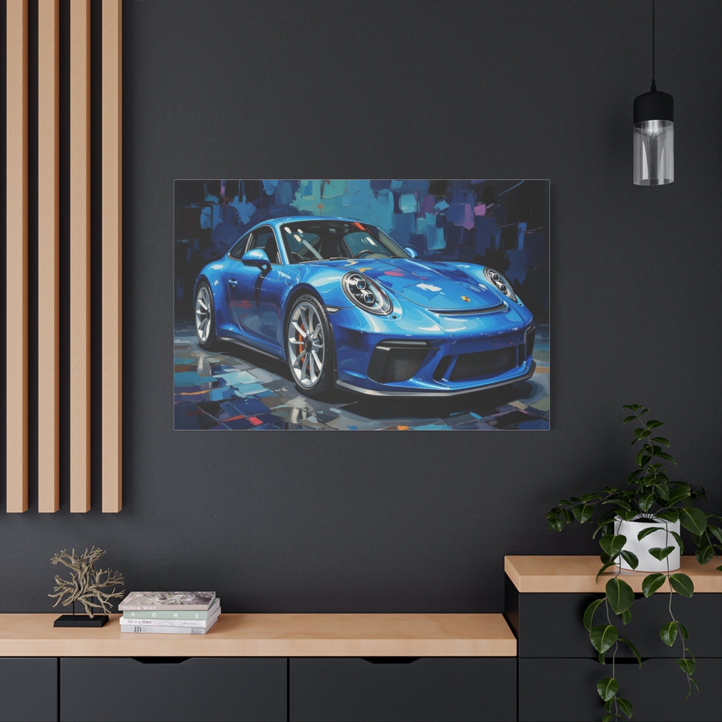 Blue Sports Car Canvas Wall Art — Modern Automotive Painting on Stretched Matte Canvas
