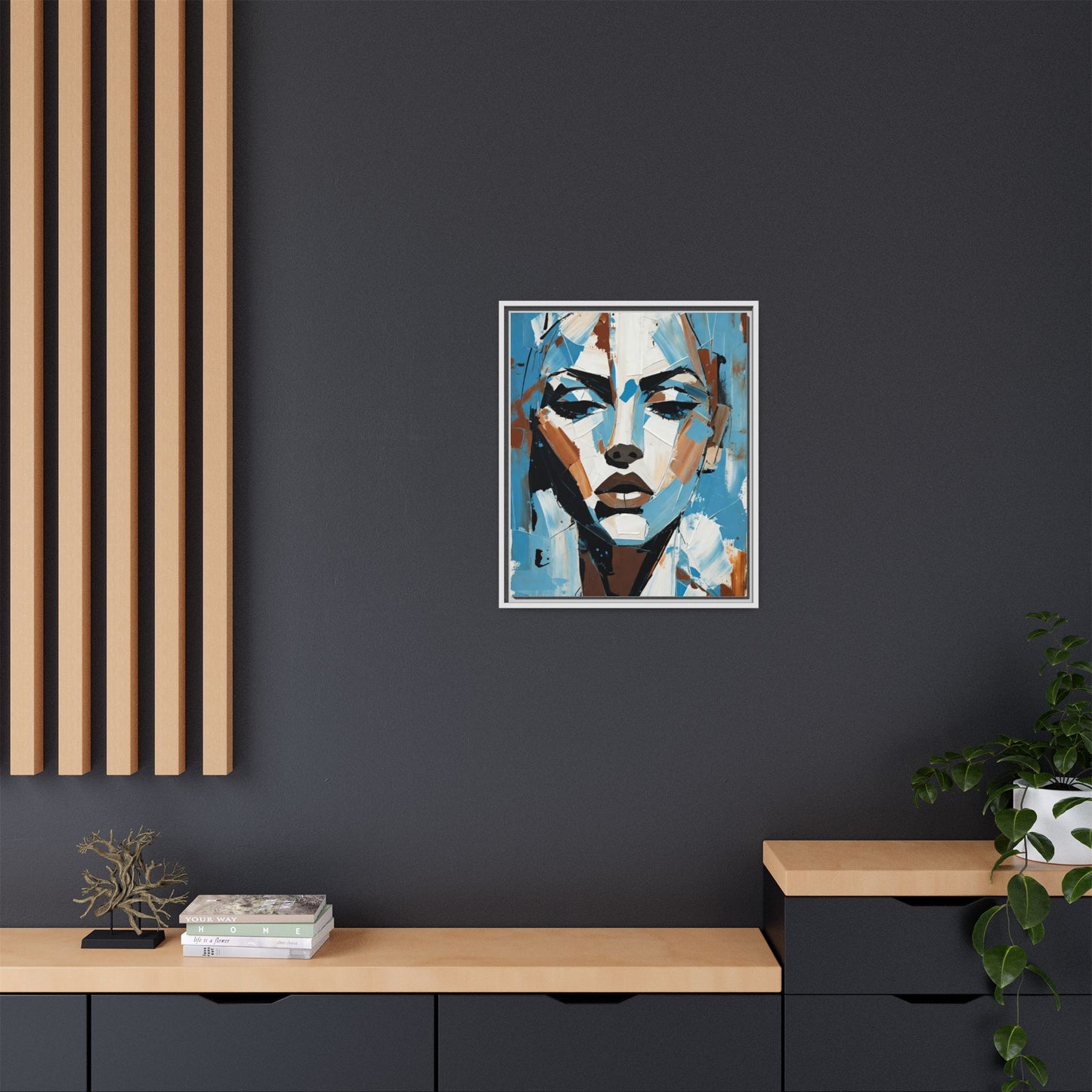 Abstract Blue Face Matte Canvas Wall Art — Framed Modern Portrait Print