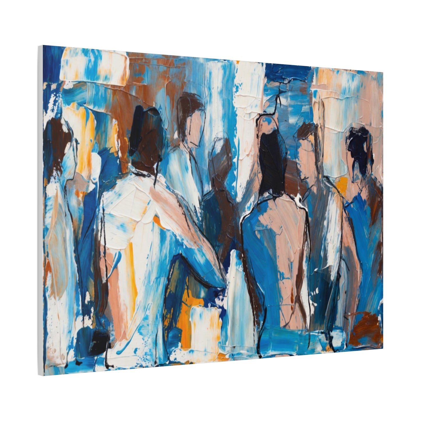 Abstract Figurative Canvas Art — Blue Social Scene Matte Stretched Canvas