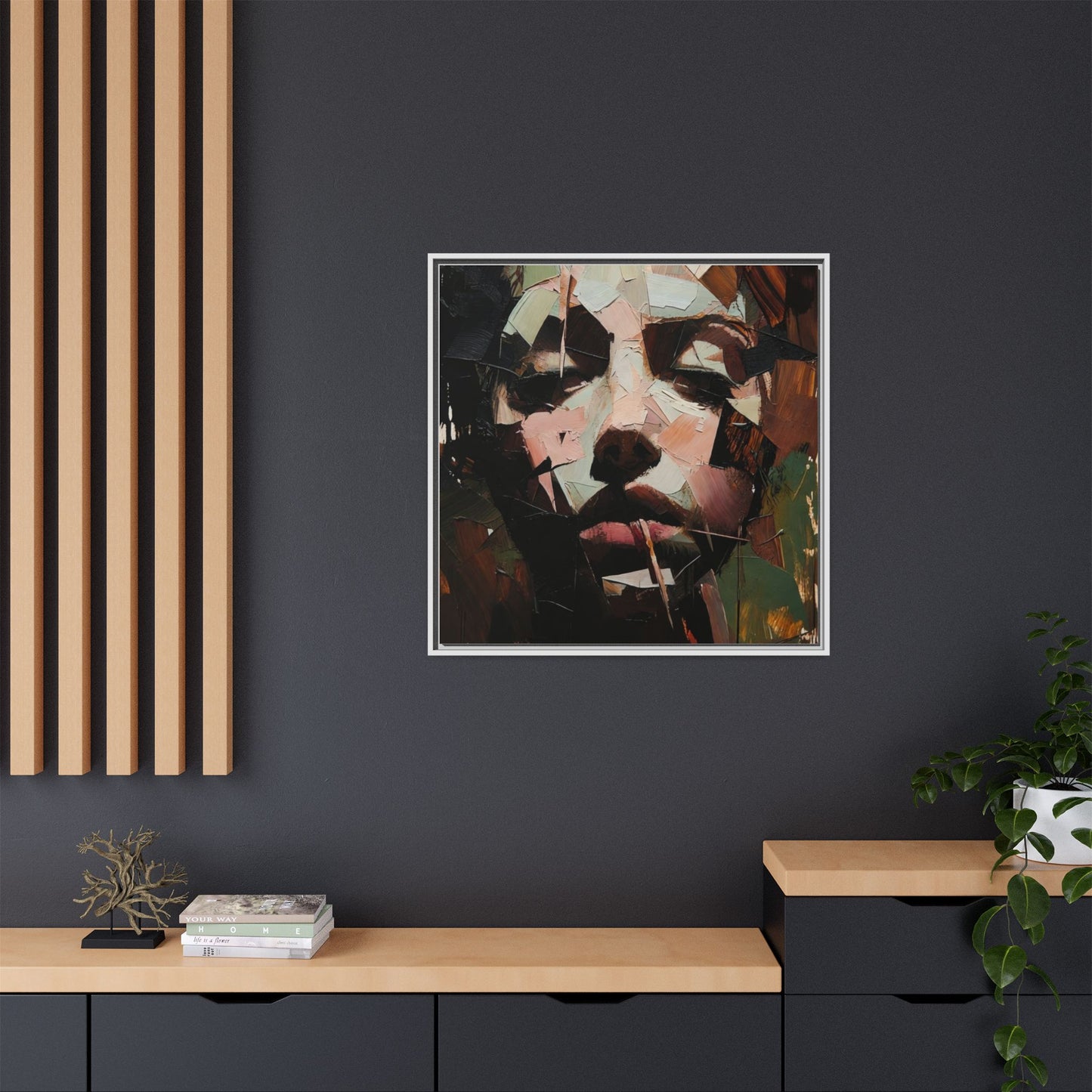 Matte Framed Canvas Art — Abstract Female Portrait, Moody Multicolor