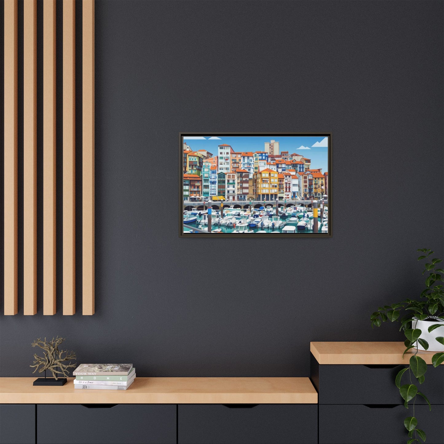 Framed Matte Canvas Print — Colorful Mediterranean Harbor Illustration