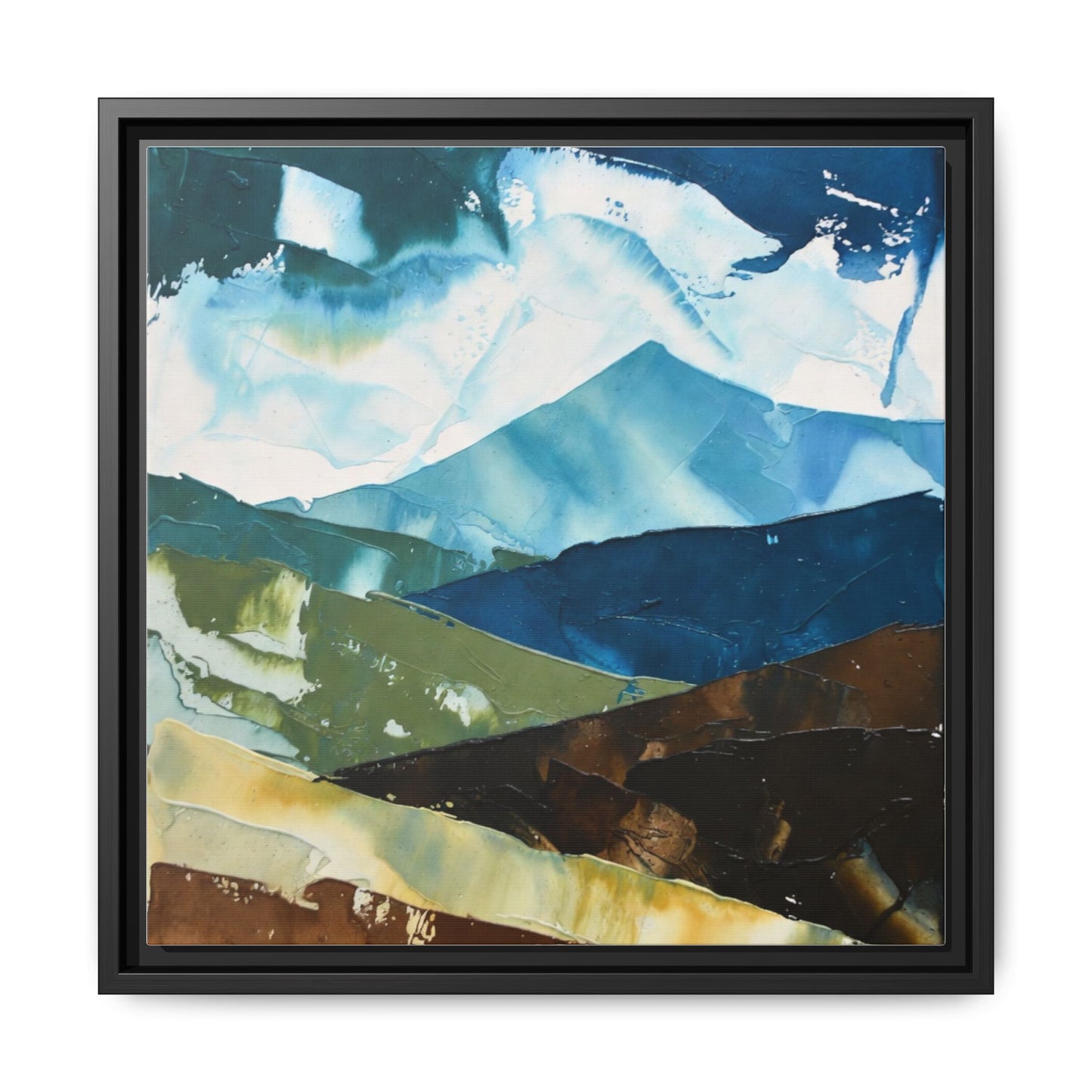 Framed Abstract Mountain Canvas Art — Blue & Earthtone Landscape Print