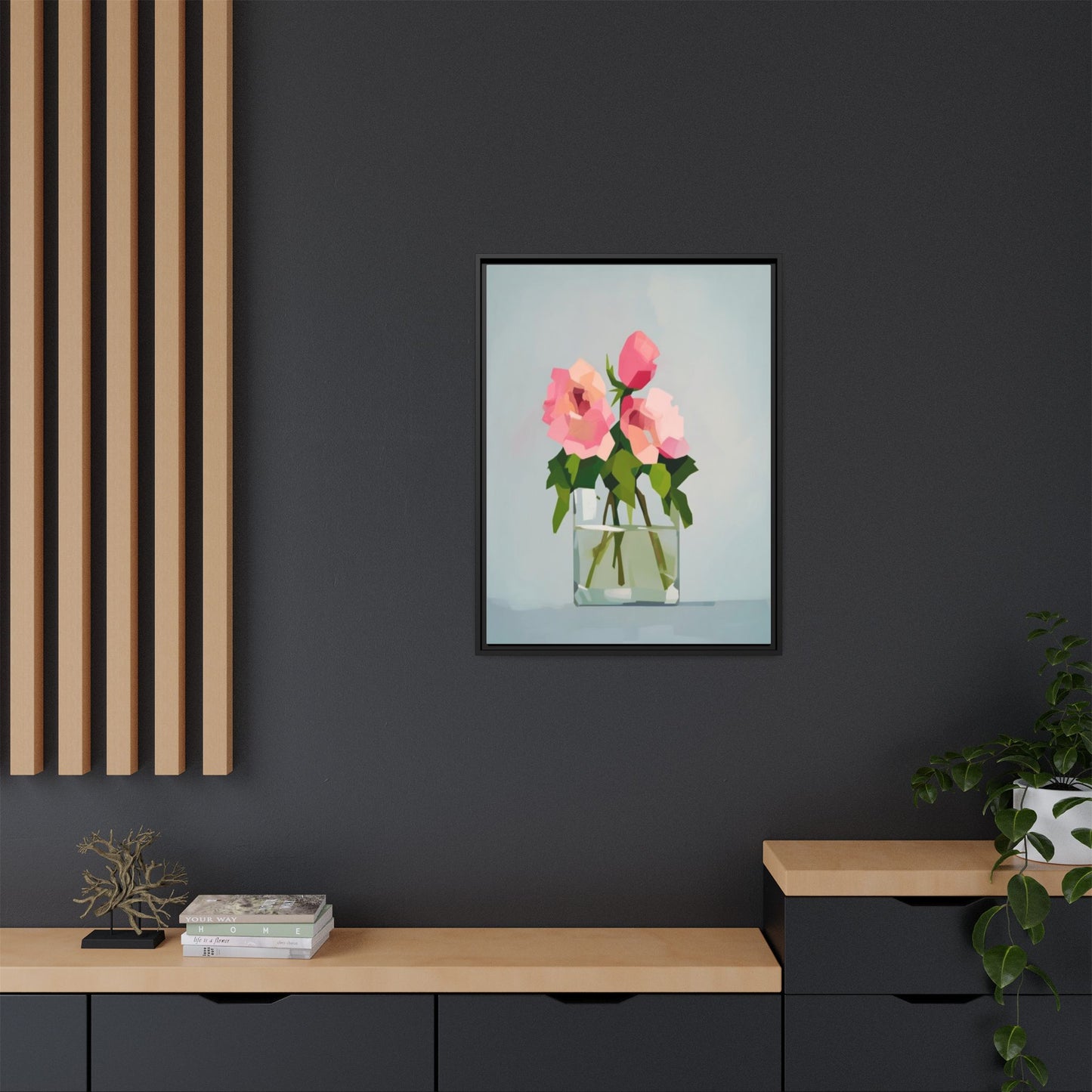 Framed Floral Canvas Print — Pink Roses in Glass Vase (Matte)