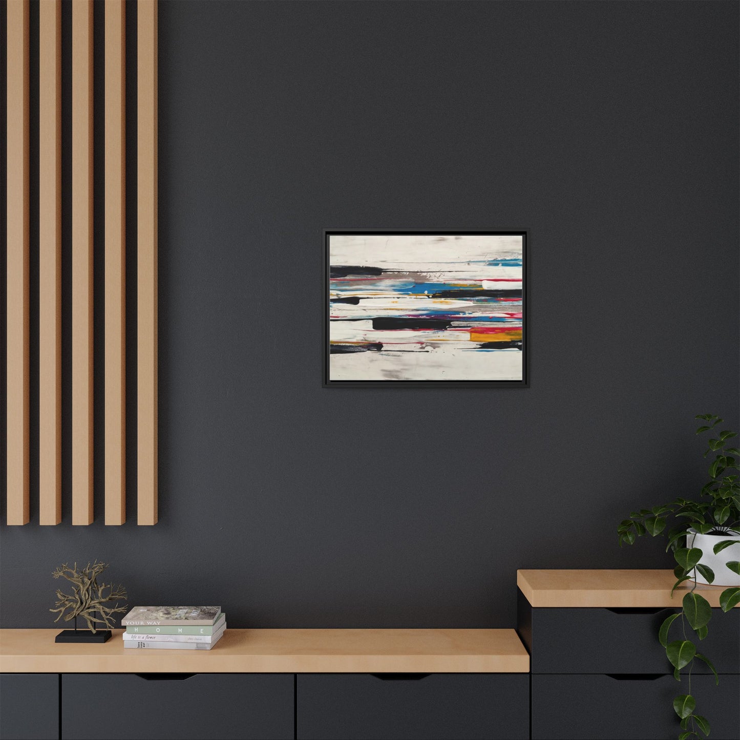 Abstract Multi-Color Framed Canvas Wall Art — Modern Horizontal Brushstroke Print