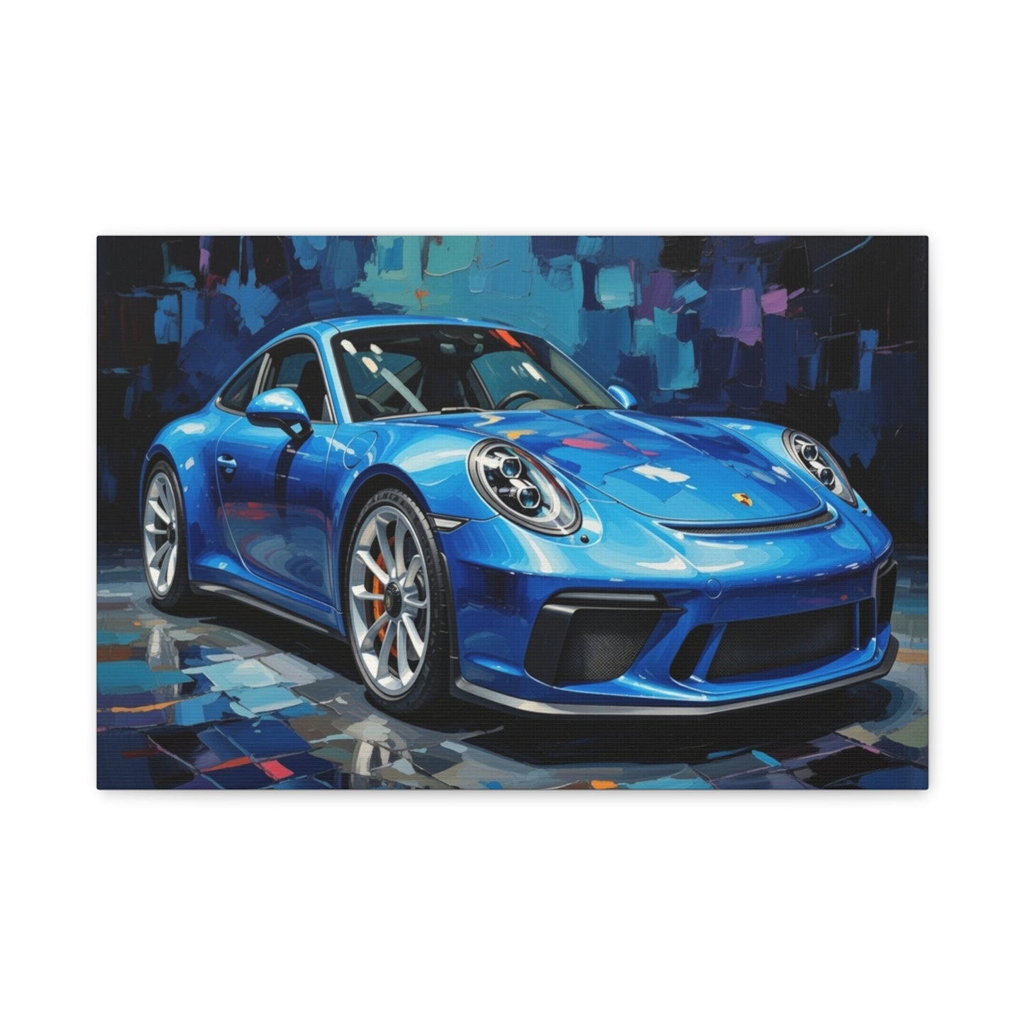 Blue Sports Car Canvas Wall Art — Modern Automotive Painting on Stretched Matte Canvas