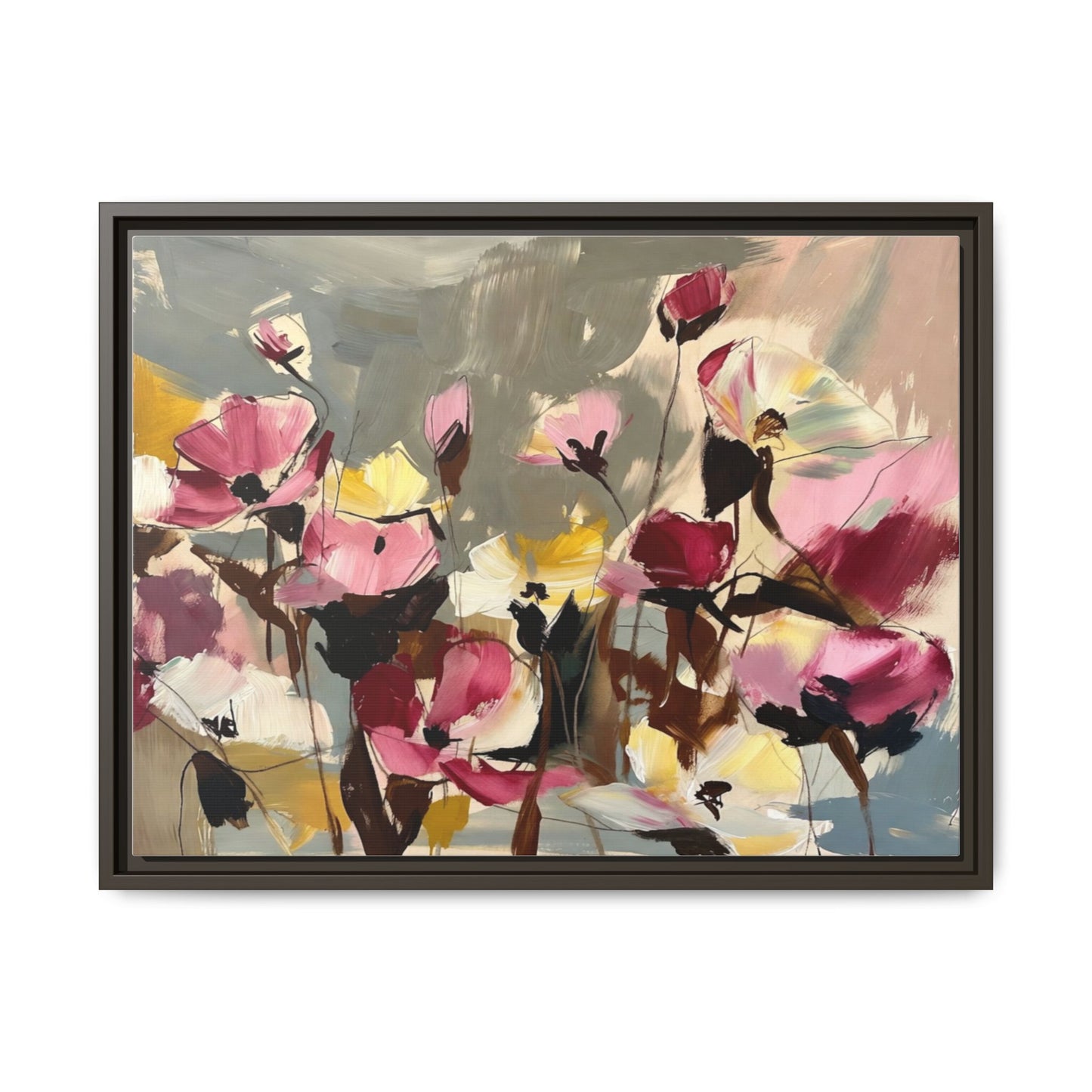 Framed Floral Canvas Wall Art — Abstract Pink & Yellow Flowers