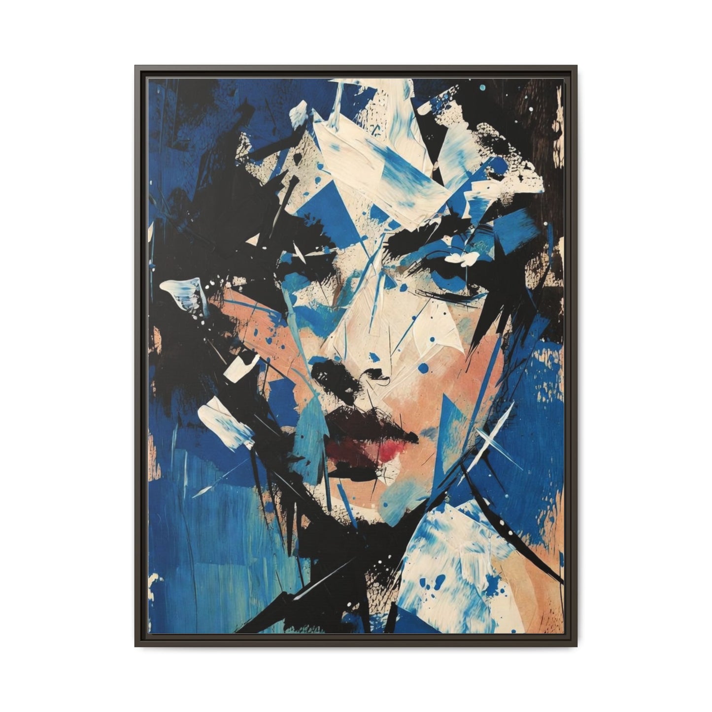 Abstract Portrait Matte Canvas Framed Wall Art — Blue Mixed-Media Face Print