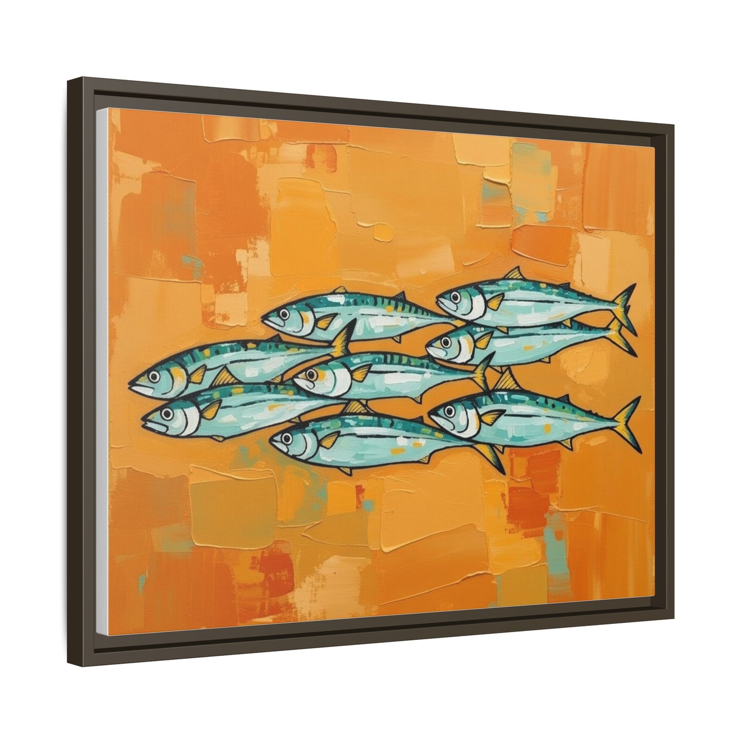 Framed Matte Canvas Print — School of Blue Fish on Orange Abstract Background